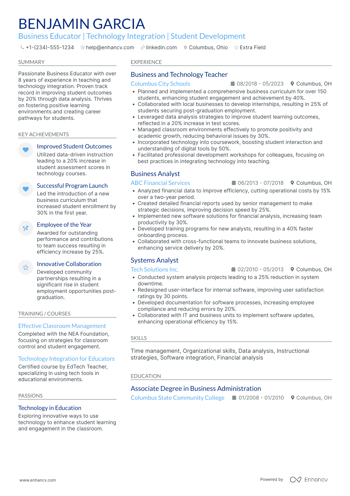 A resume example of a High School Business Education Teacher