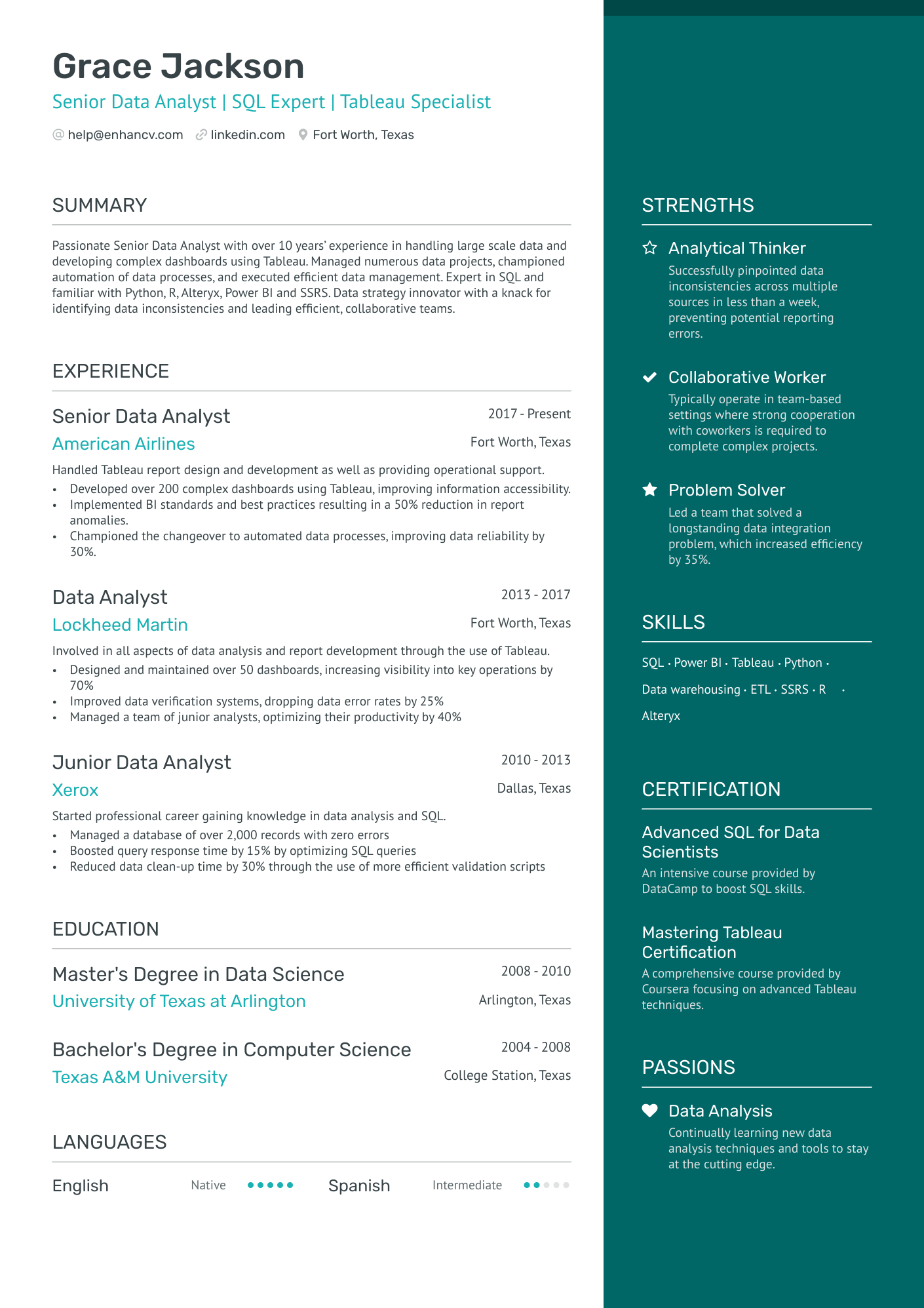 A resume example of a Tableau And Power BI Developer