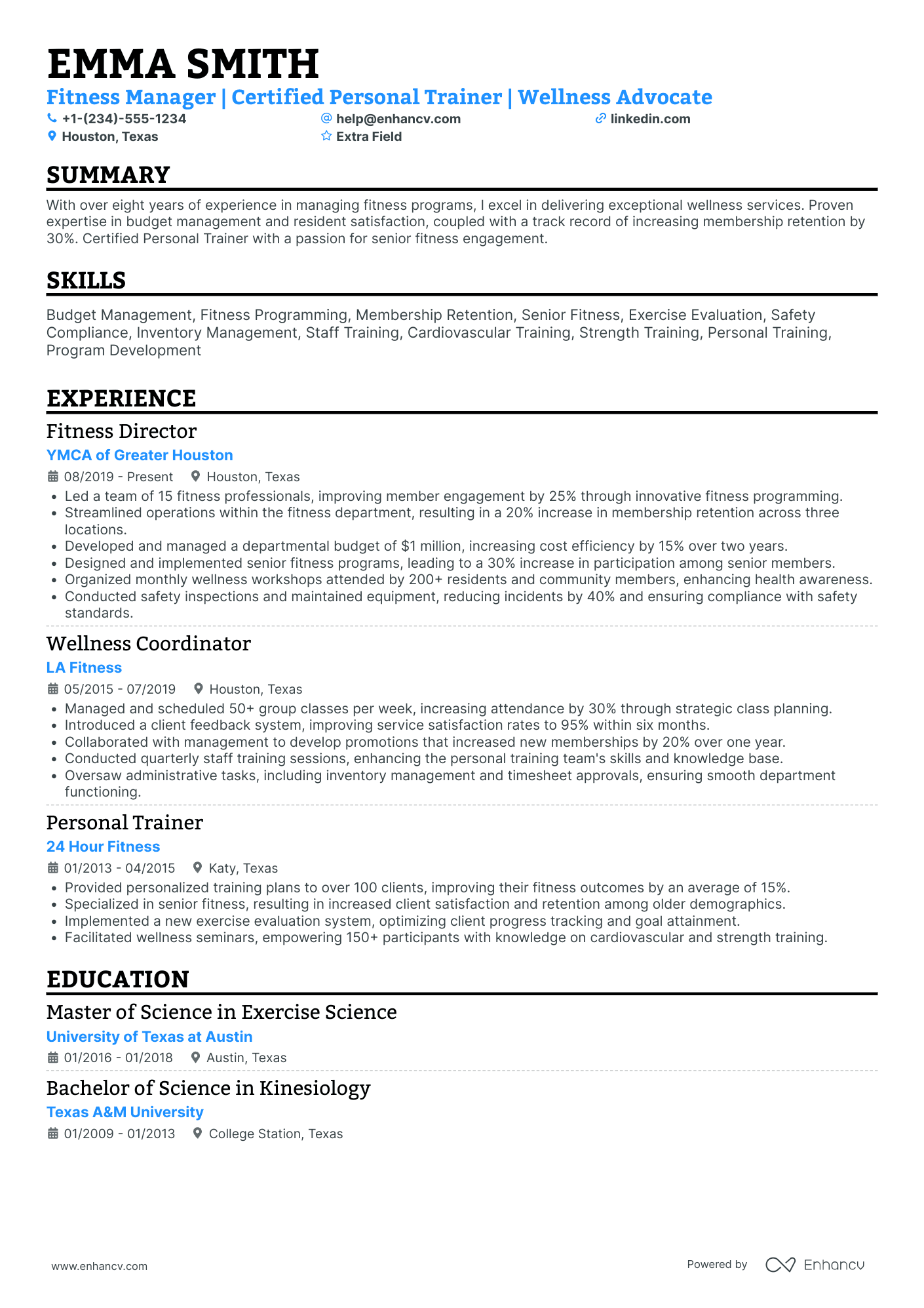 A resume example of a Fitness Department Manager