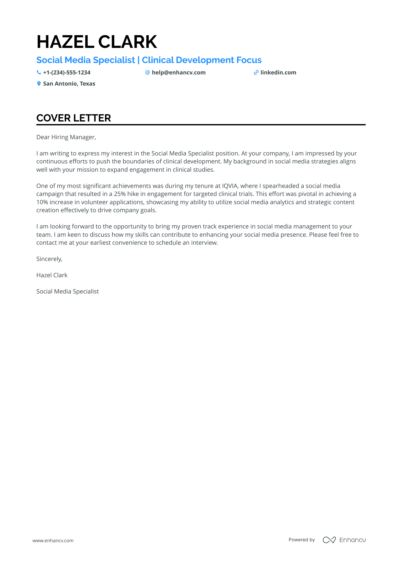 A resume example of a Junior Social Media Specialist