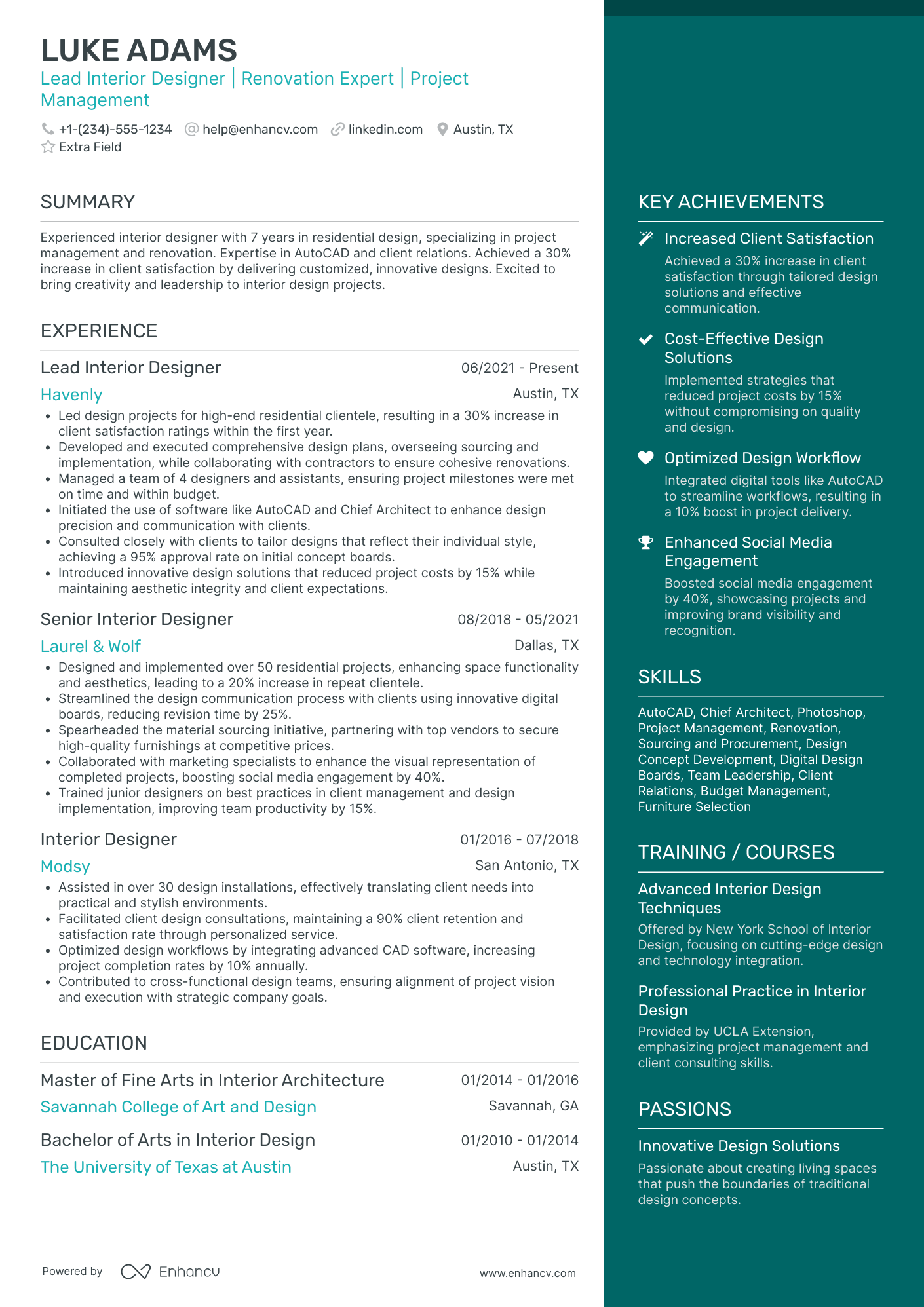 A resume example of a Lead Interior Designer