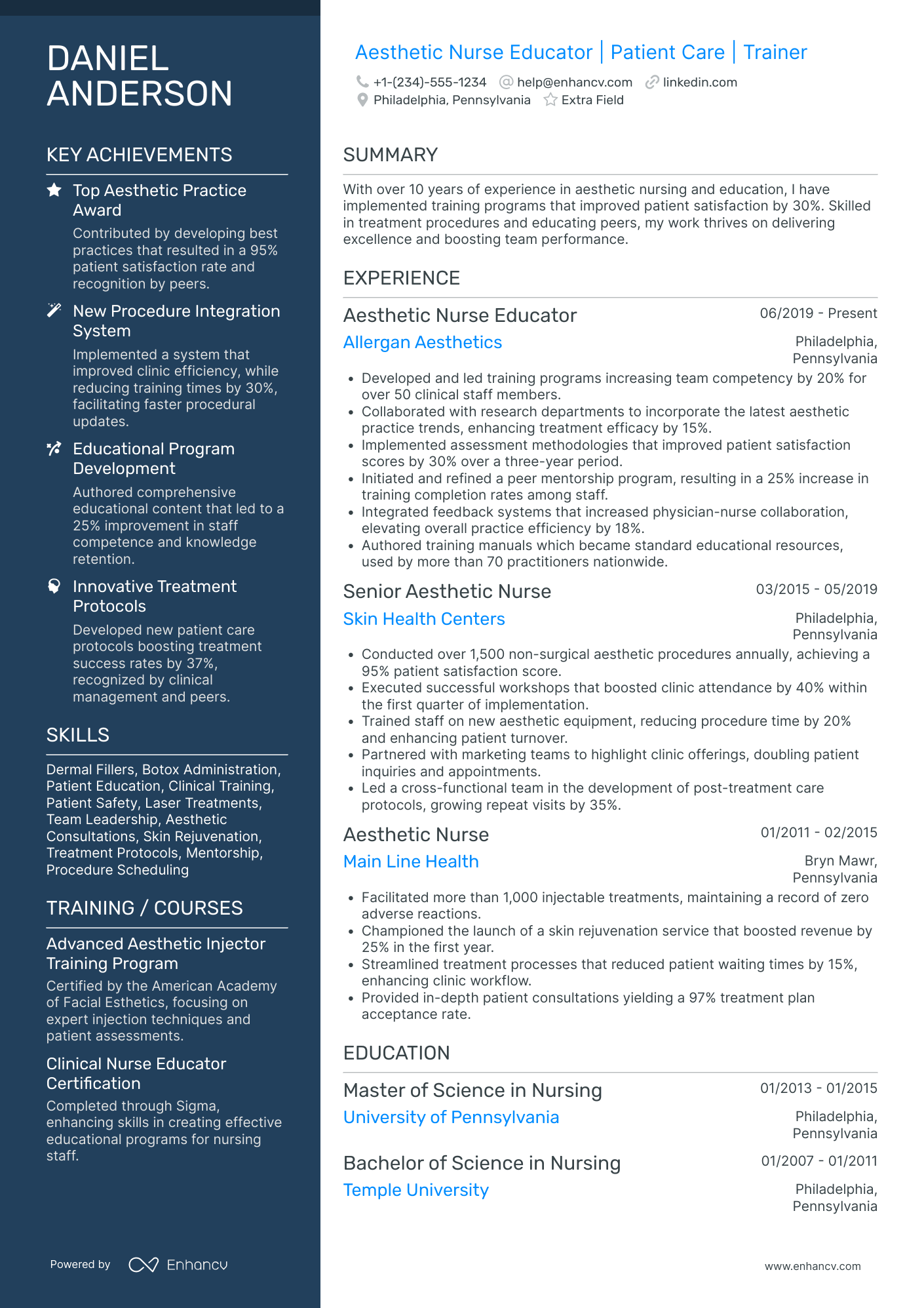 A resume example of a Aesthetic Nurse Educator