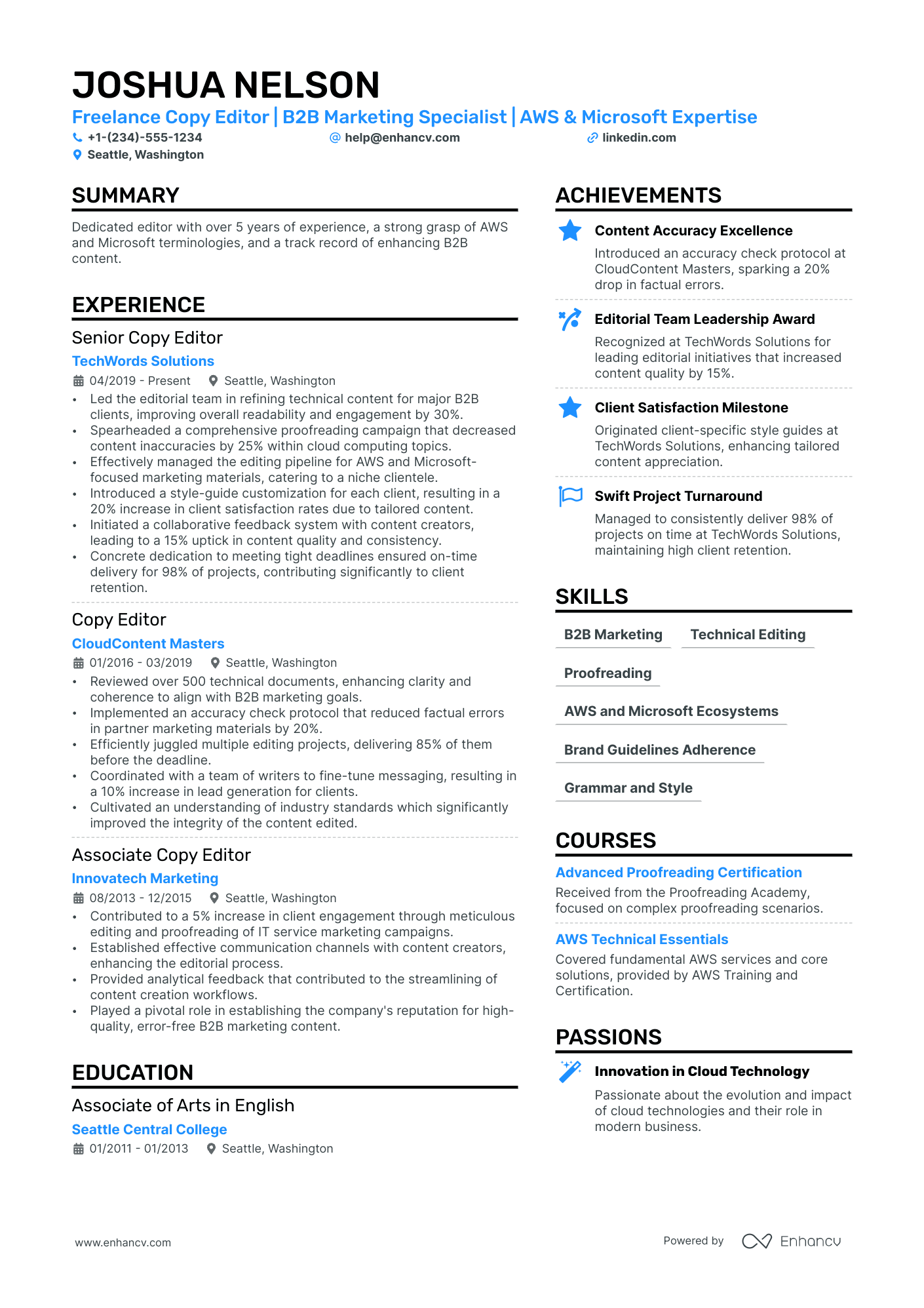 A resume example of a Freelance Copy Editor