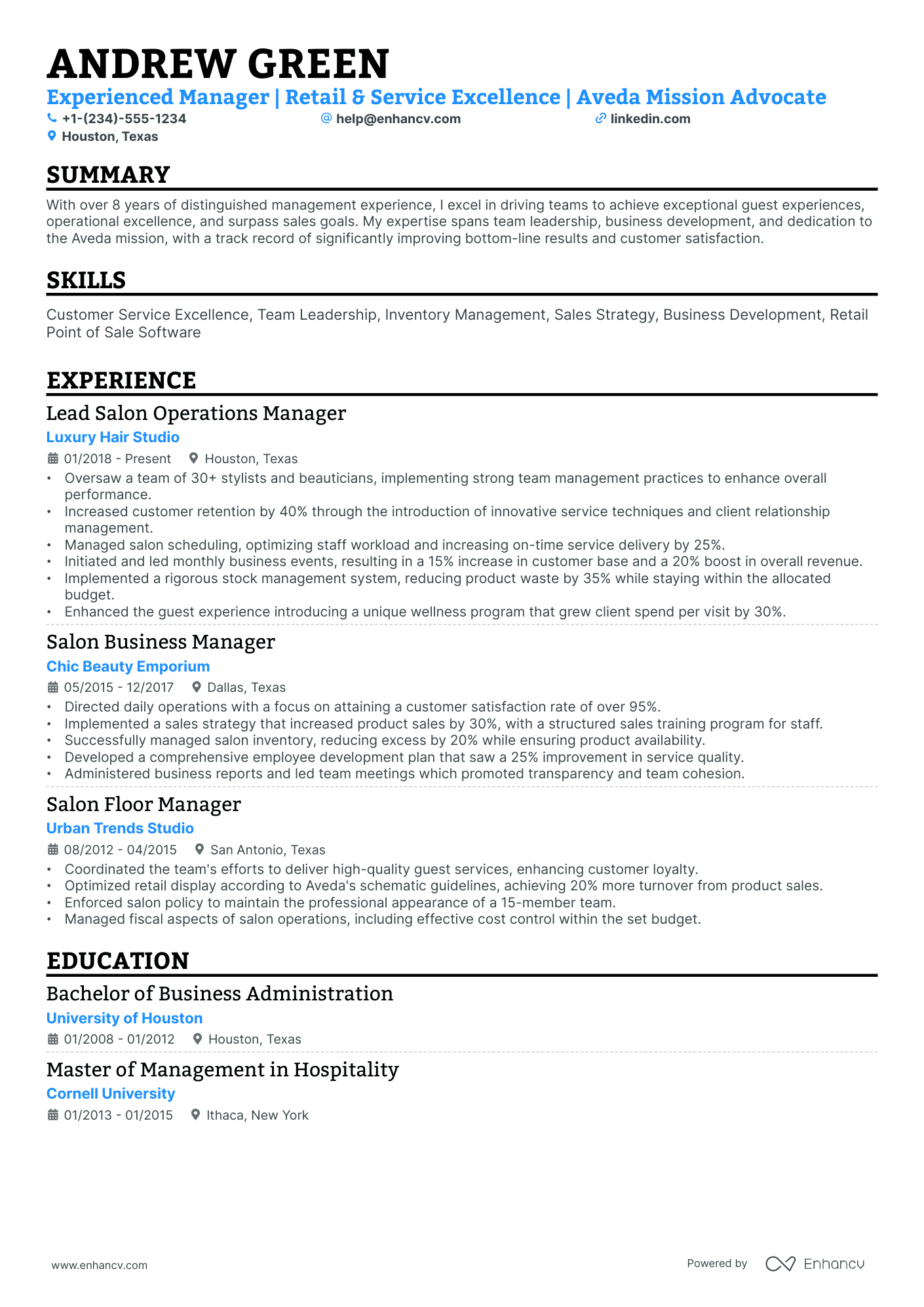 A resume example of a Single Column