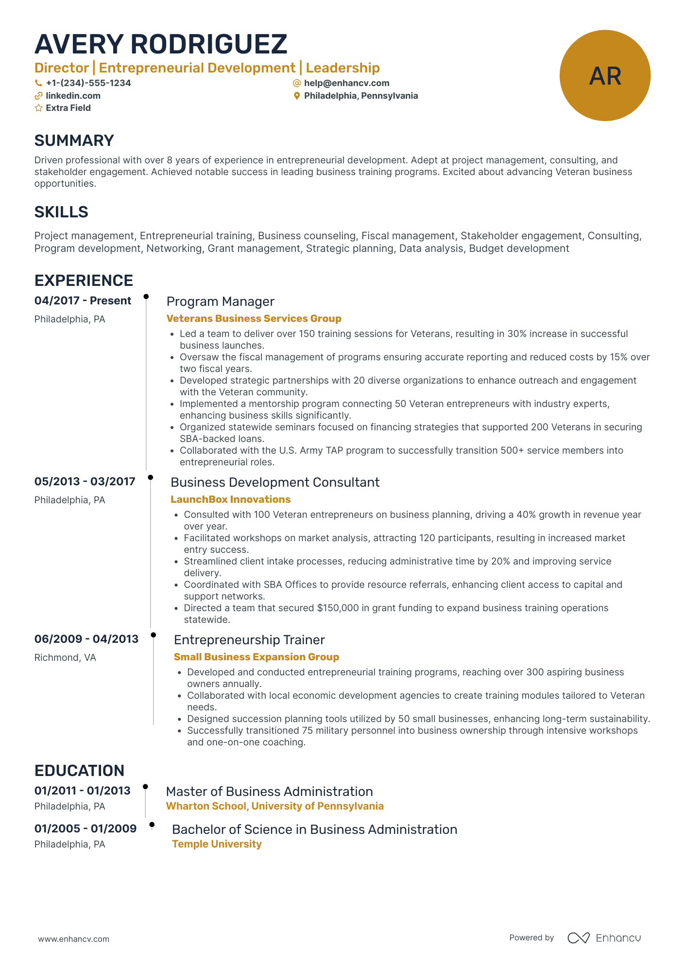 A resume example of a Veteran Business Owner