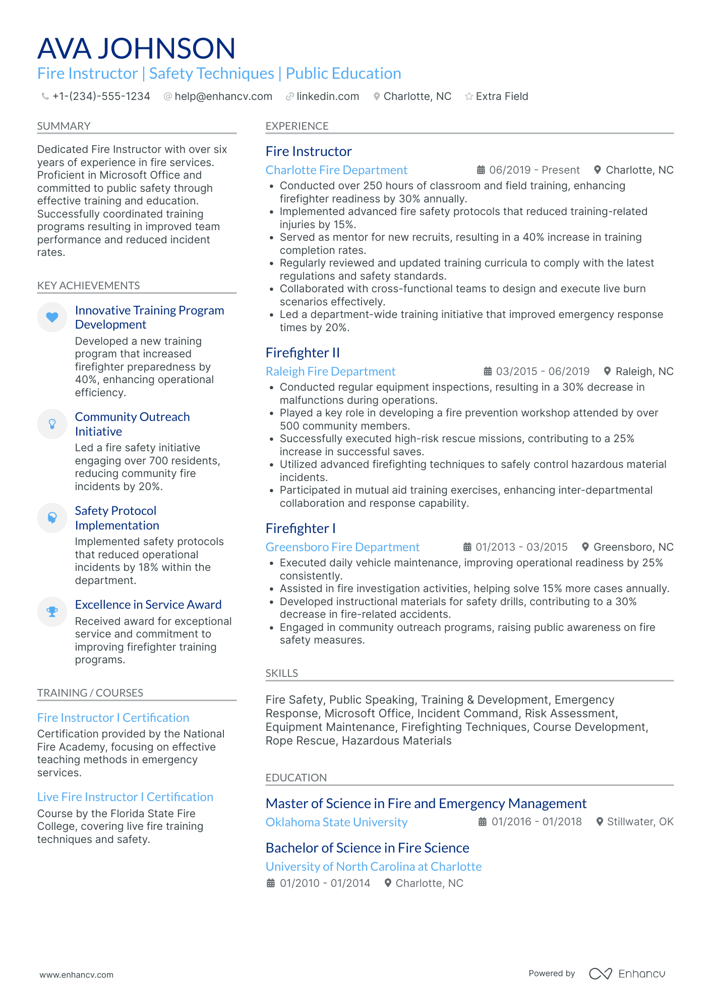 A resume example of a Firefighter Instructor