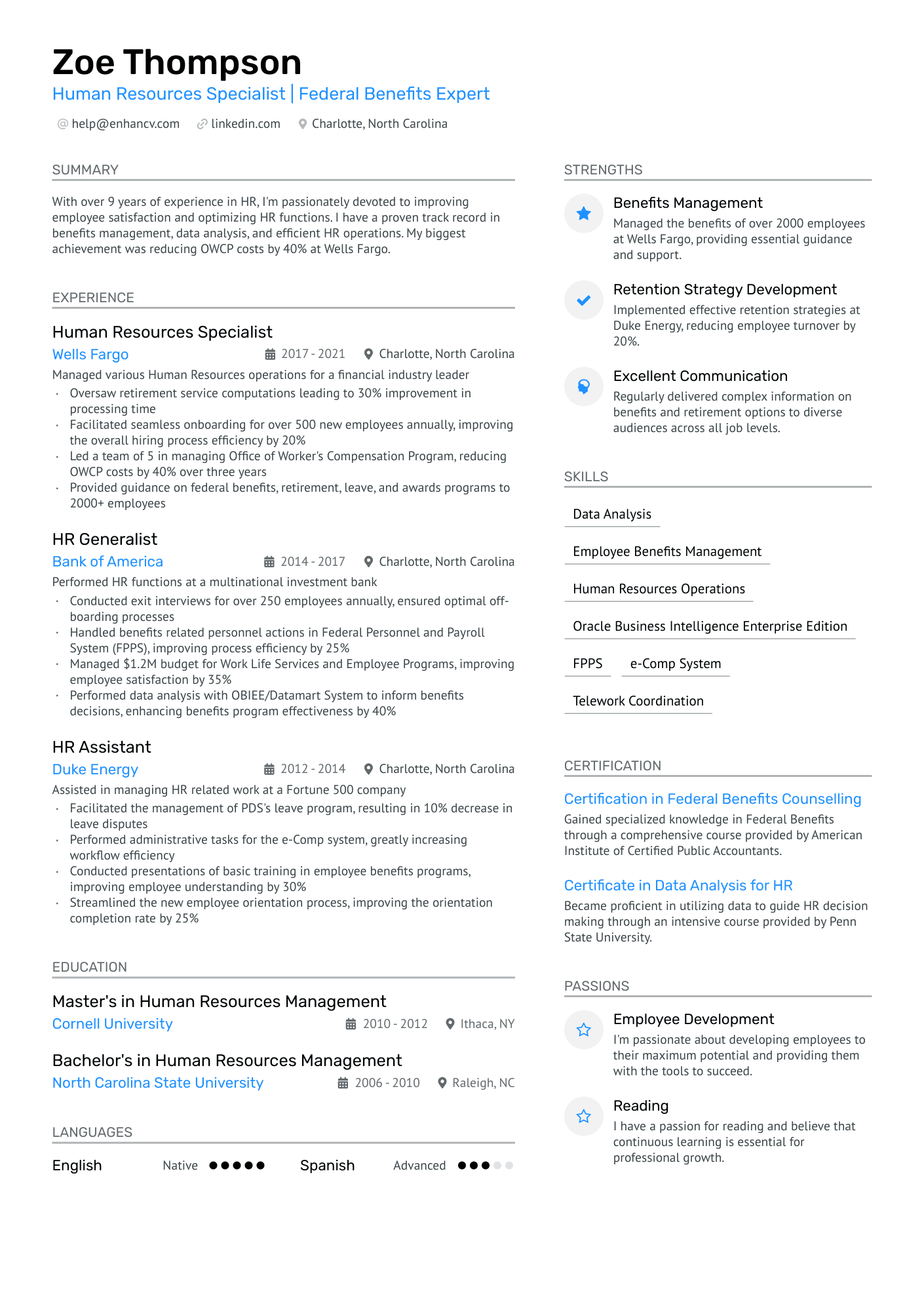 A resume example of a Human Resources Benefits Specialist