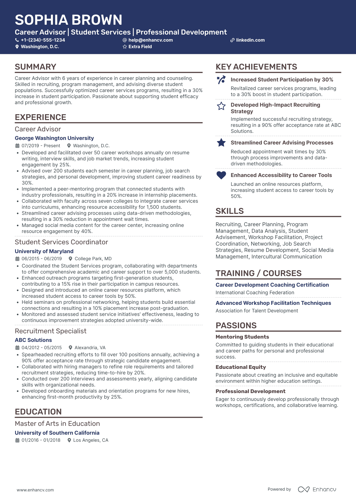 A resume example of a Career Change Advisor