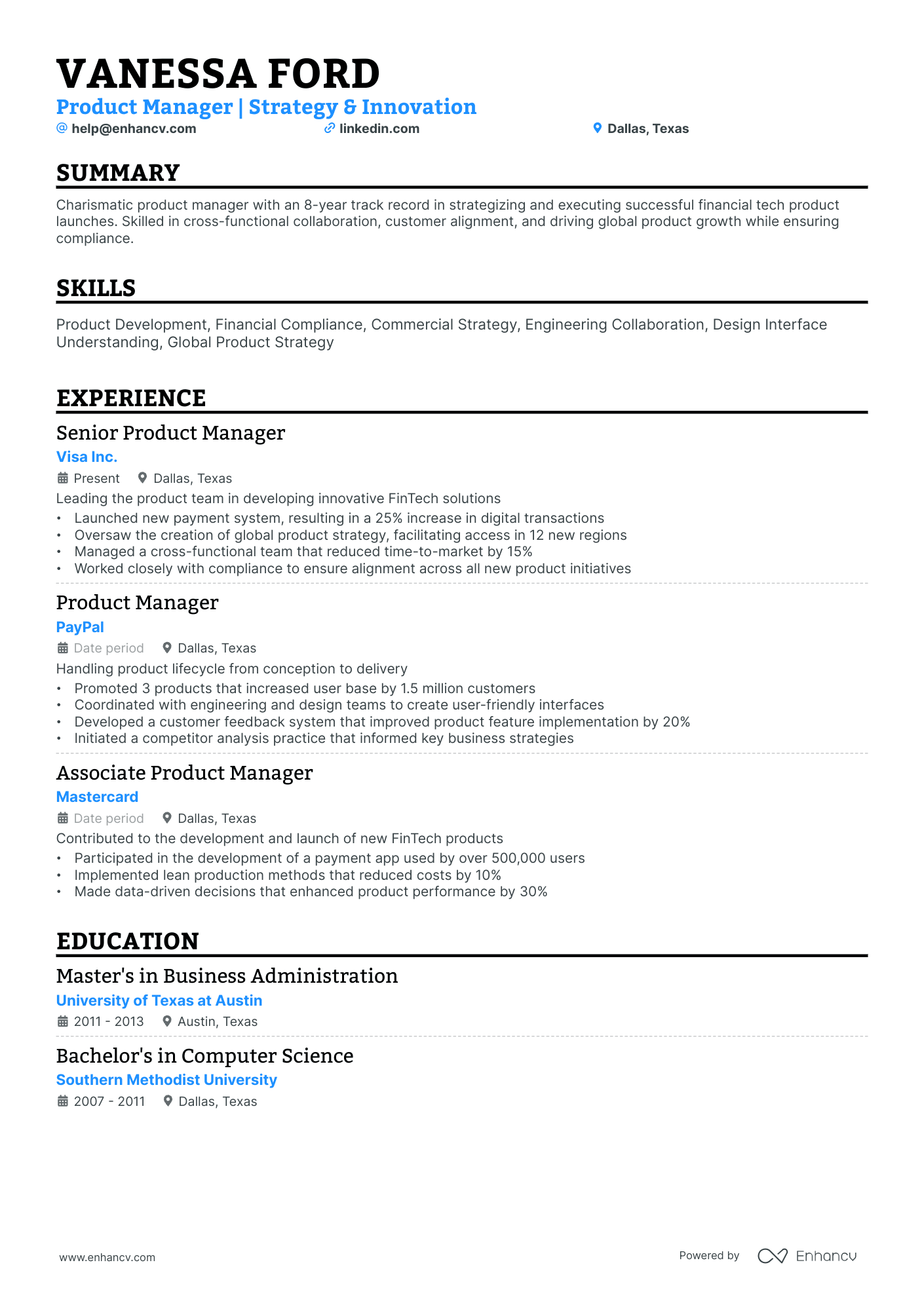 A resume example of a Single Column