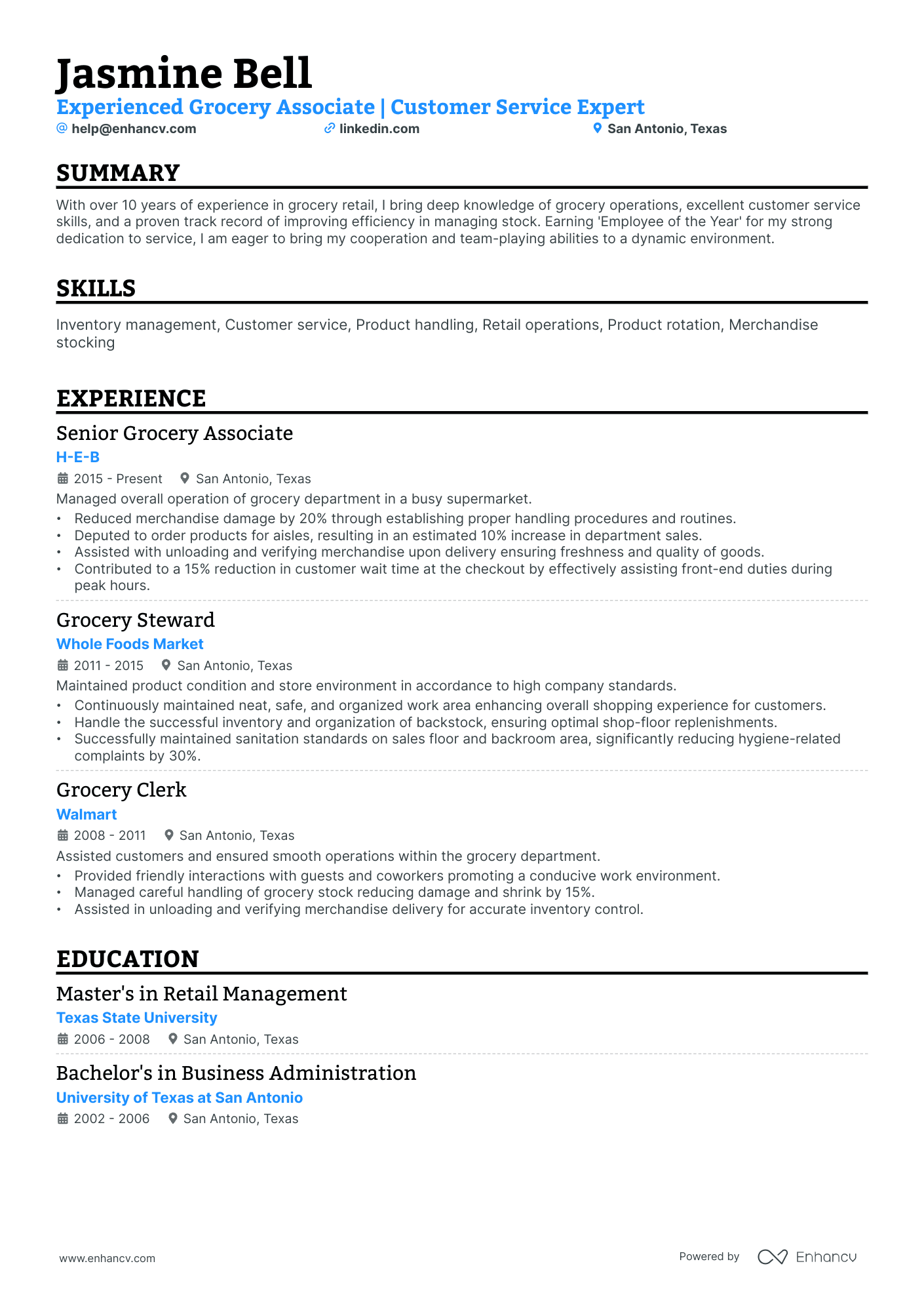 A resume example of a Single Column