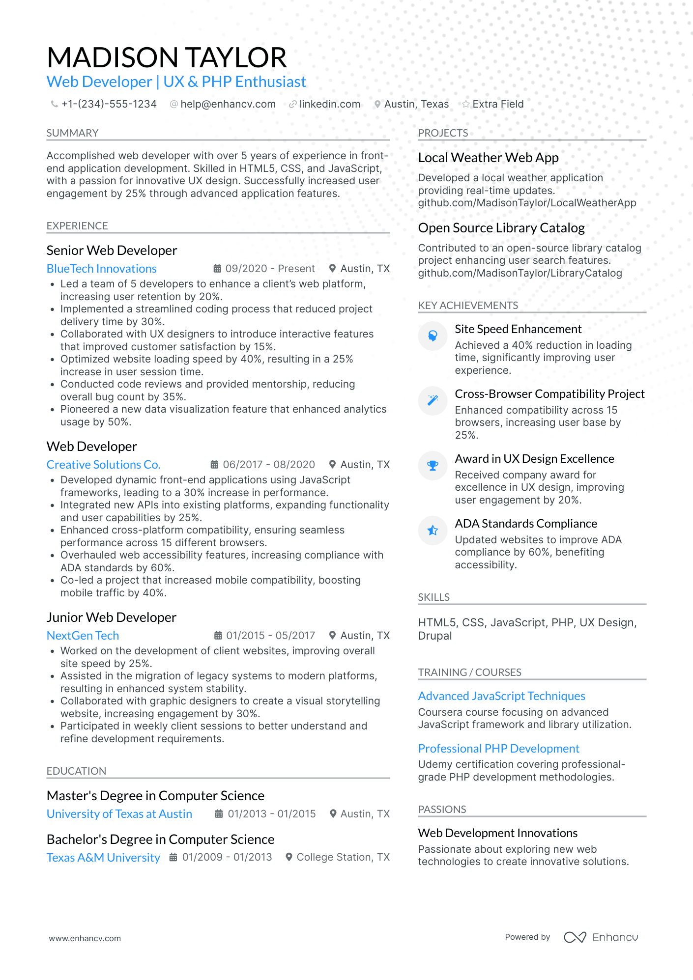 A resume example of a Web Developer Team Lead
