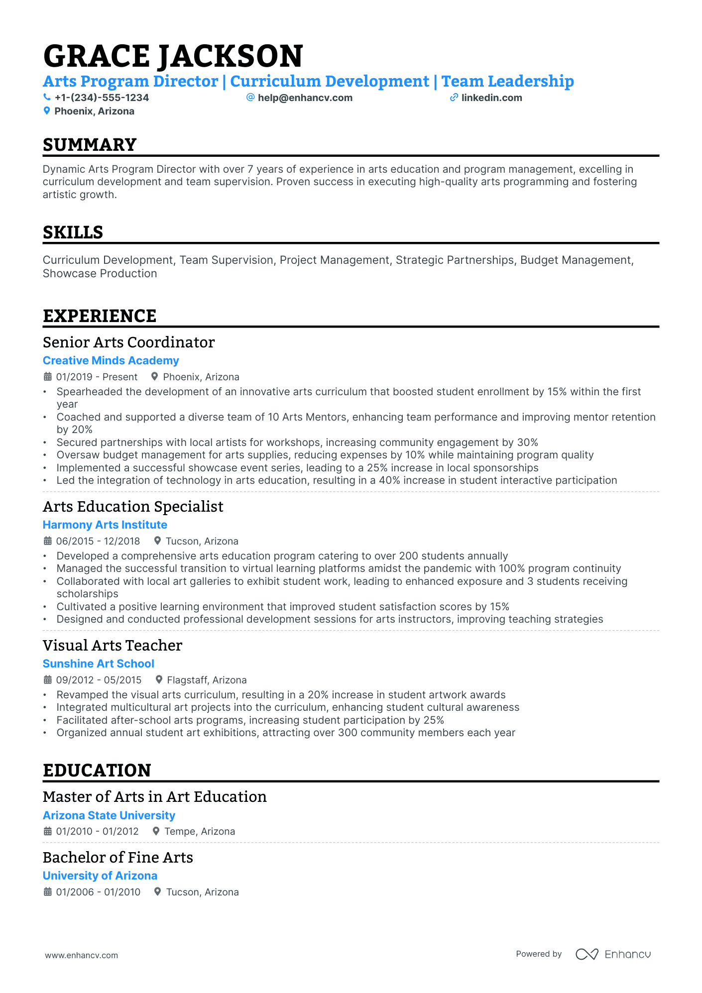A resume example of a Single Column