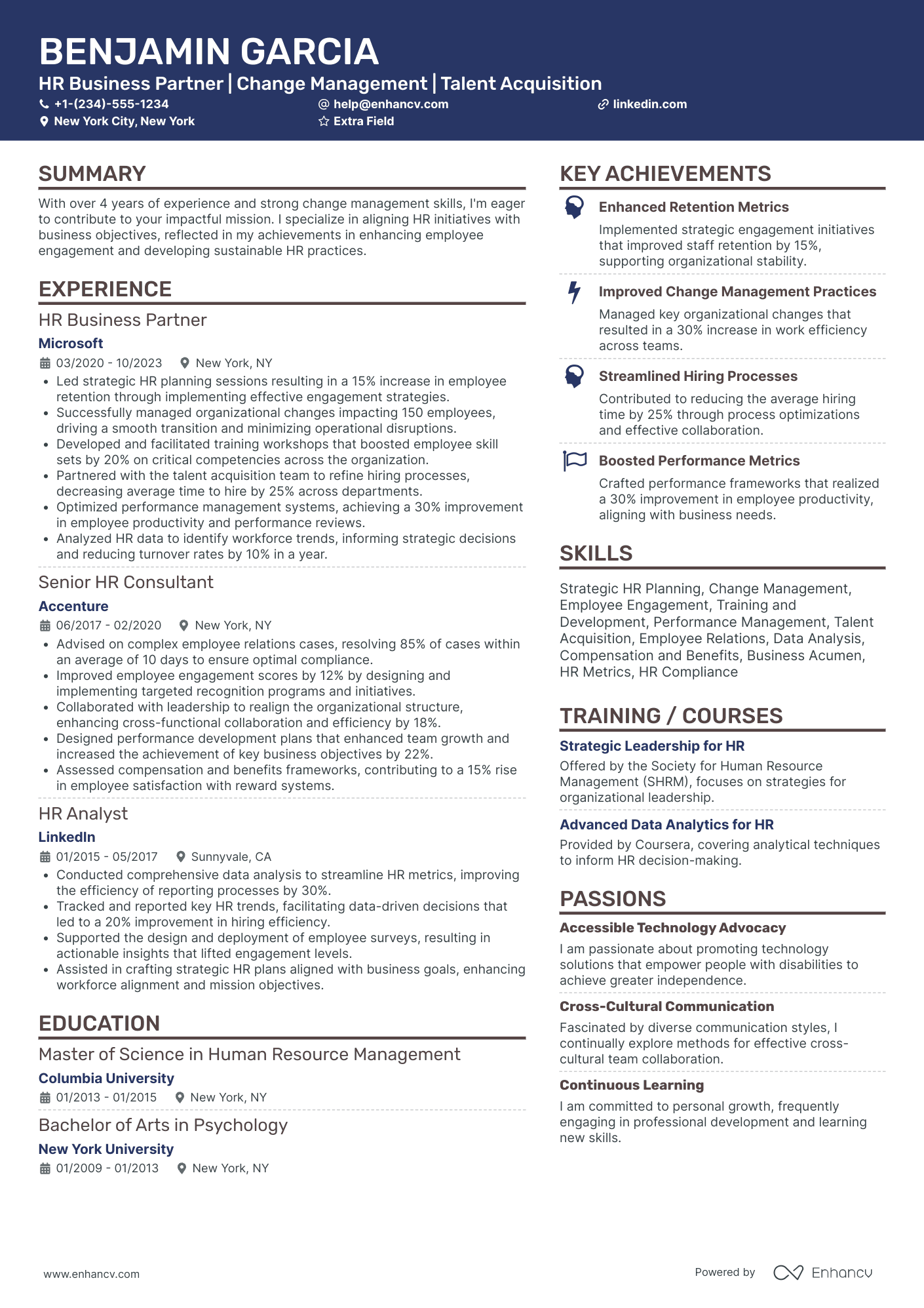 A resume example of a HR Business Partner Analyst