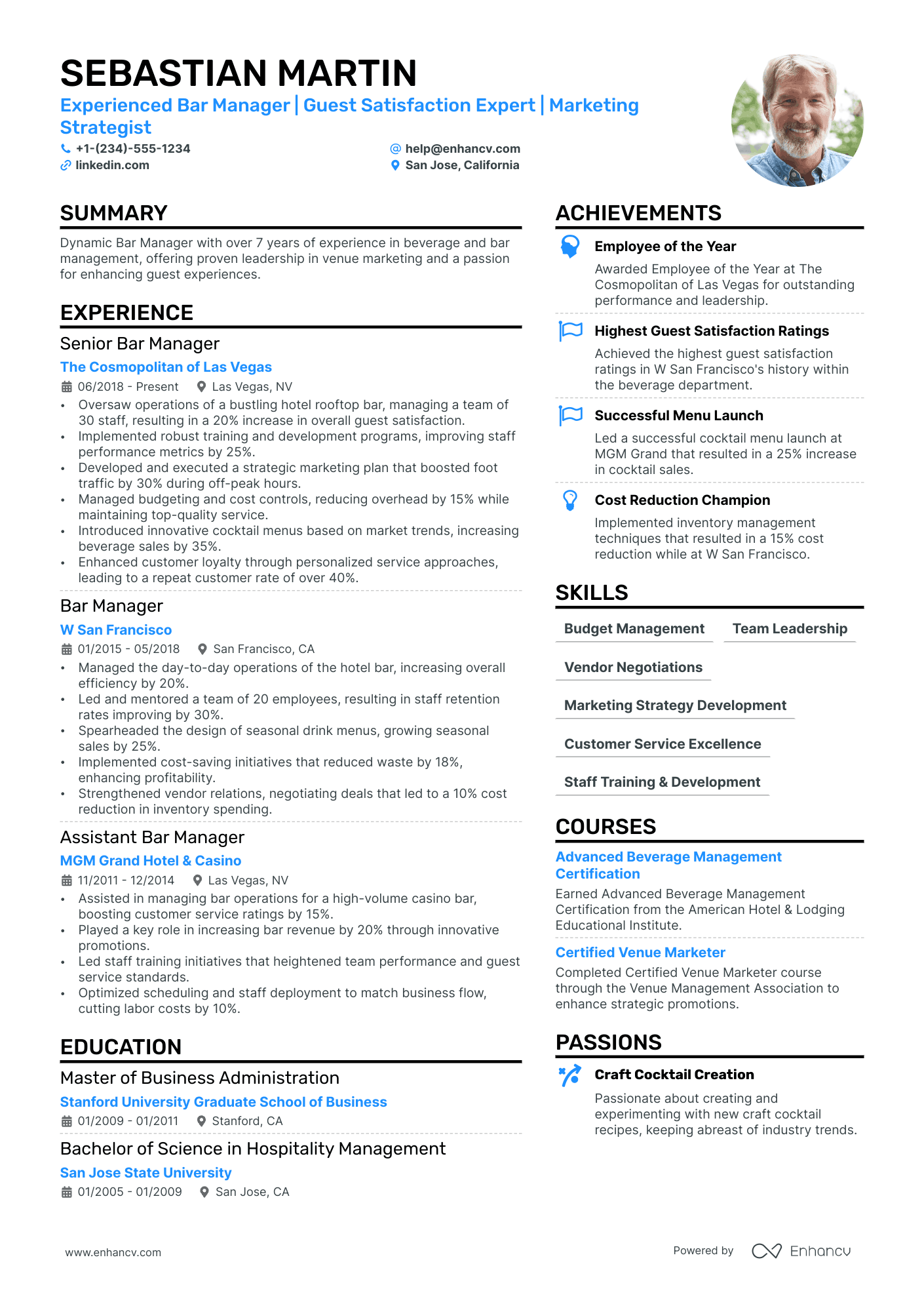 A resume example of a Bar Manager