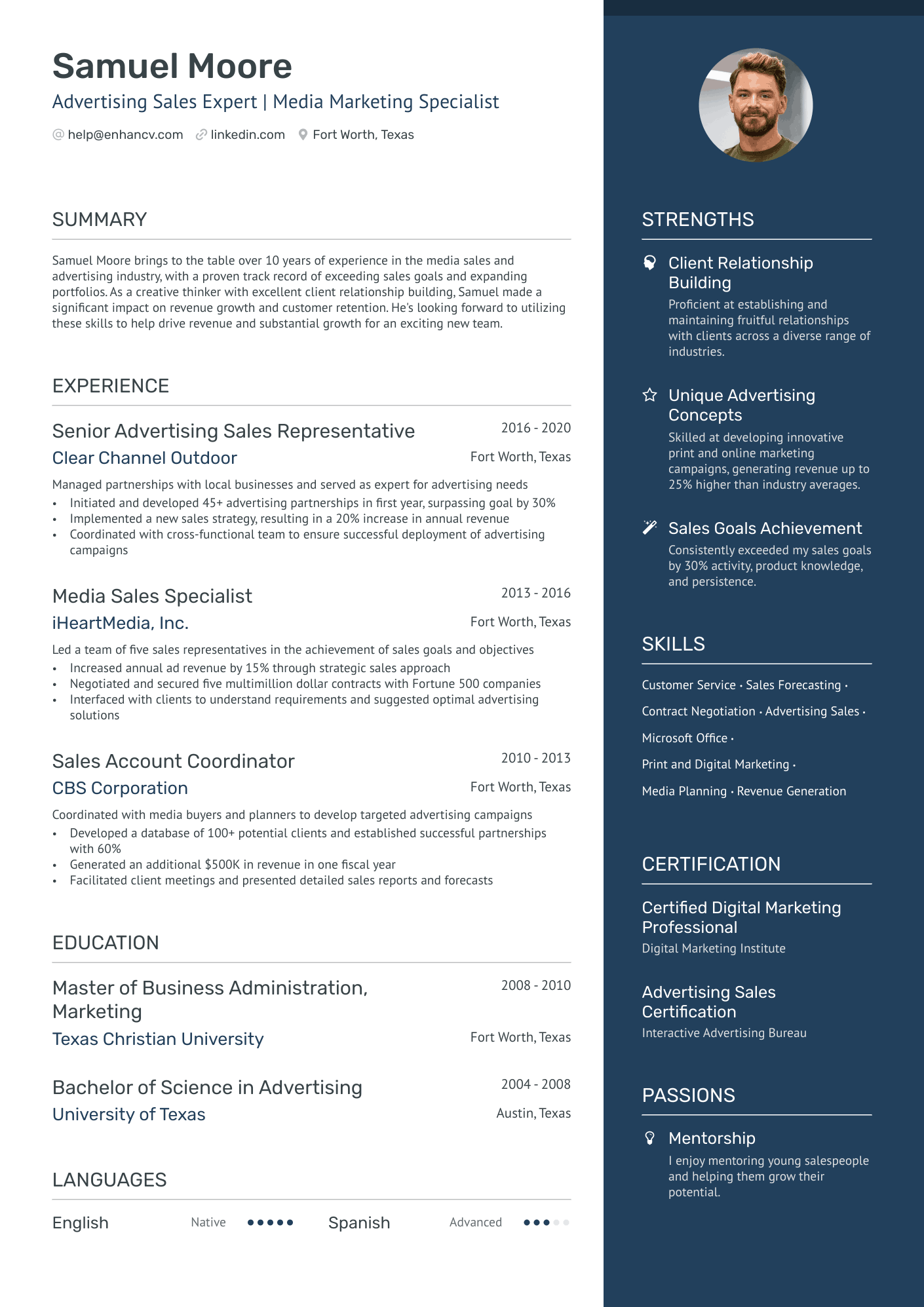 A resume example of a Advertising Sales