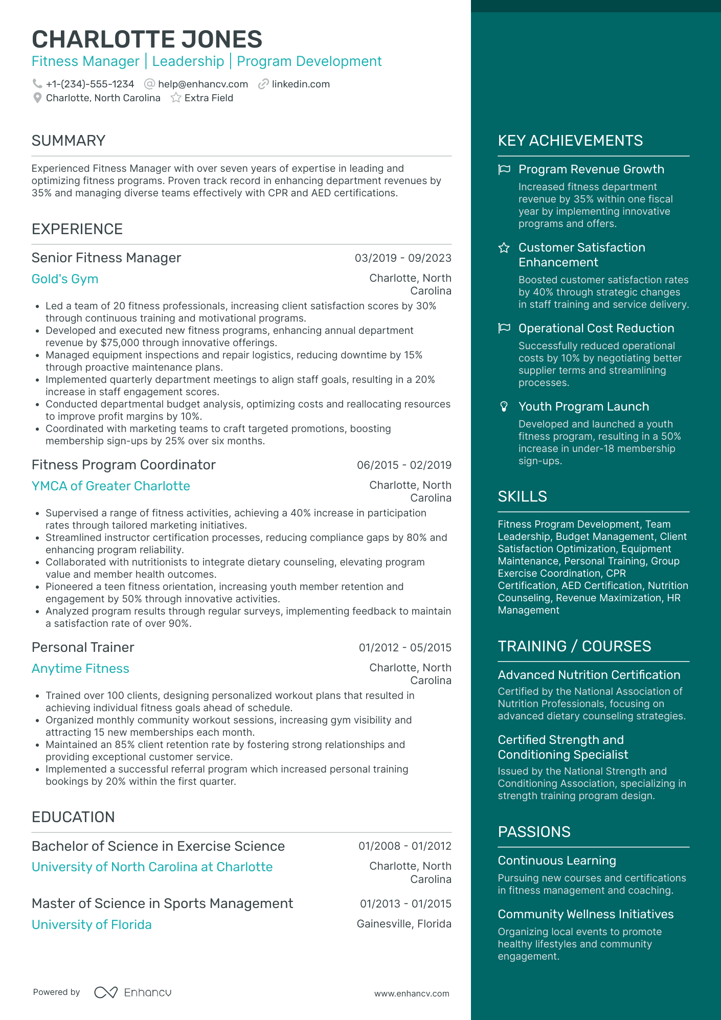 A resume example of a Fitness Club Manager