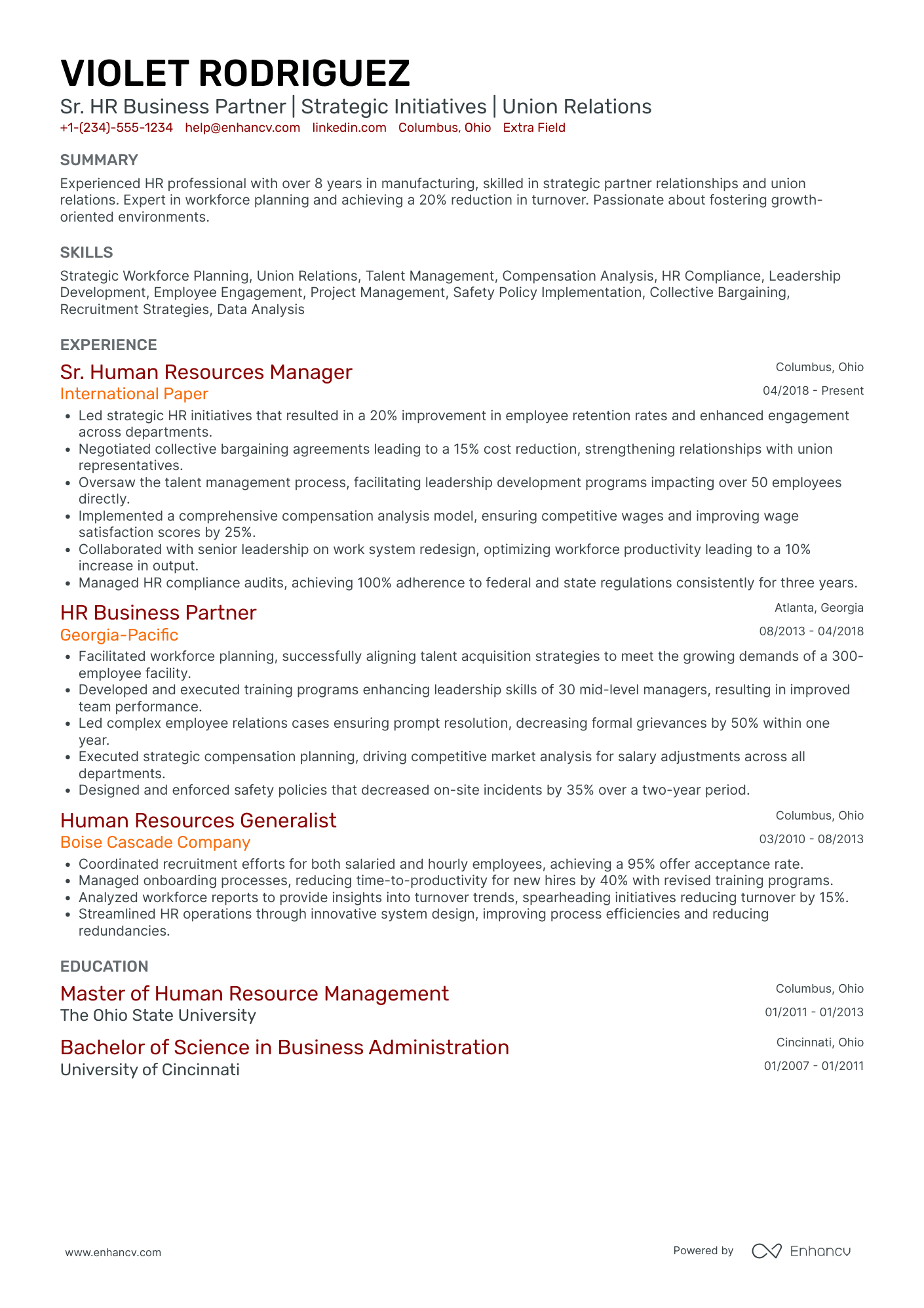 A resume example of a Senior HR Business Partner