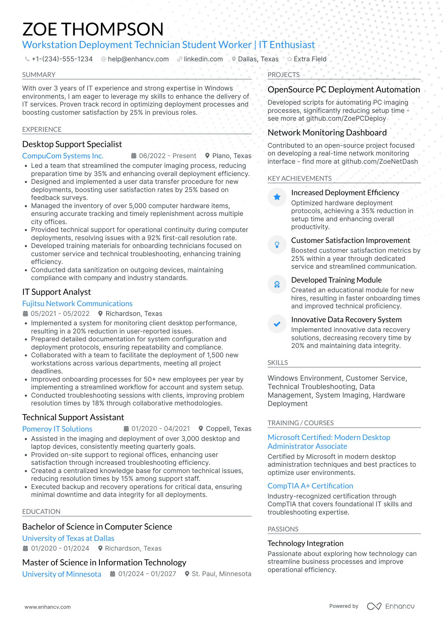 A resume example of a IT Deployment Technician