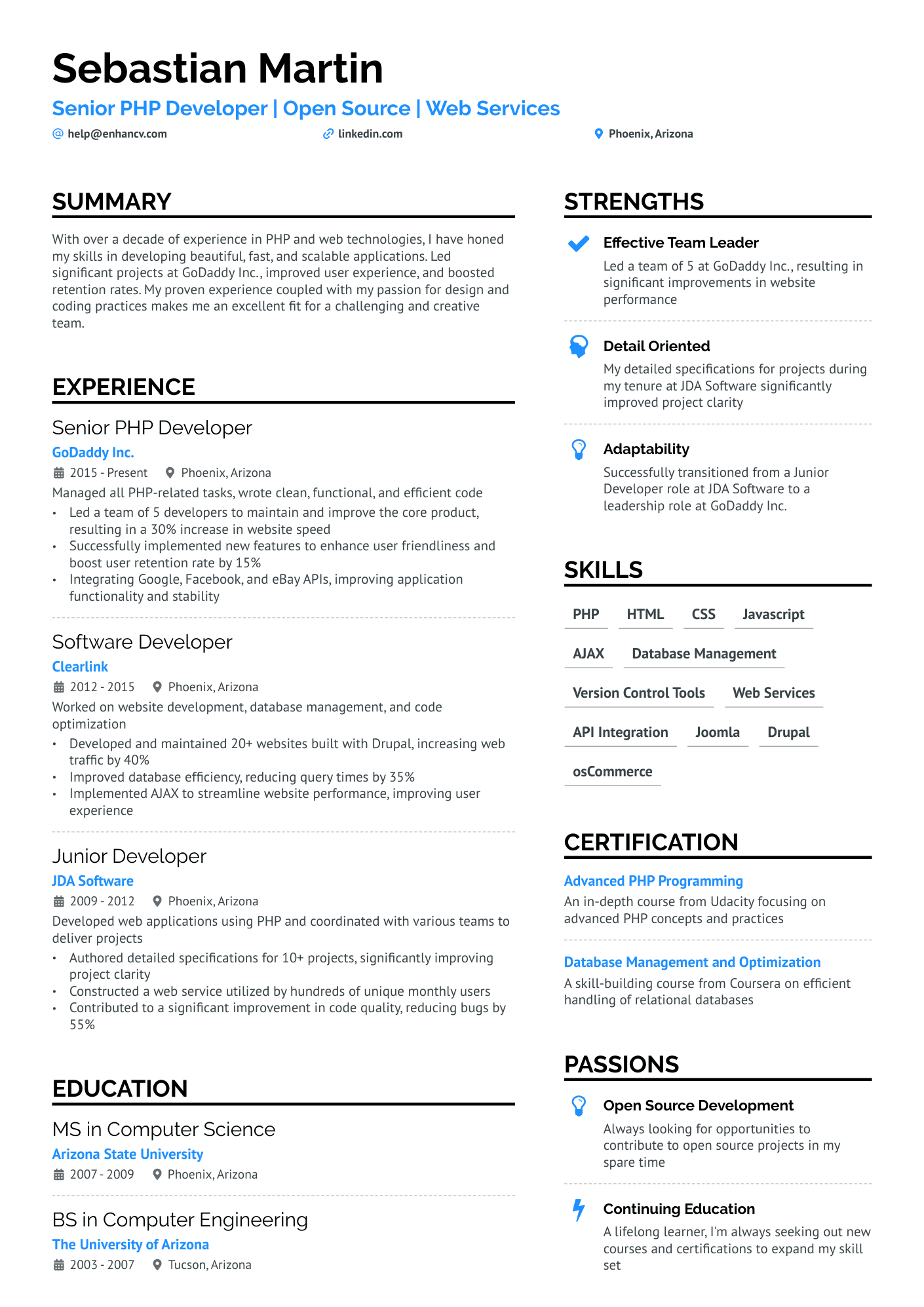 A resume example of a PHP Web Developer