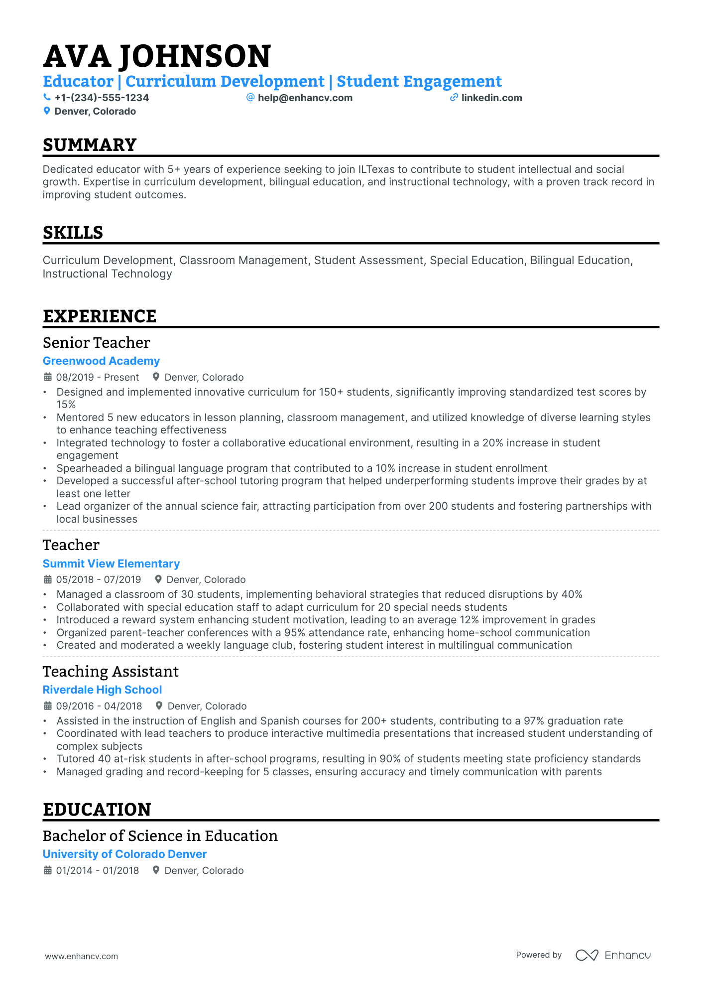 A resume example of a Single Column