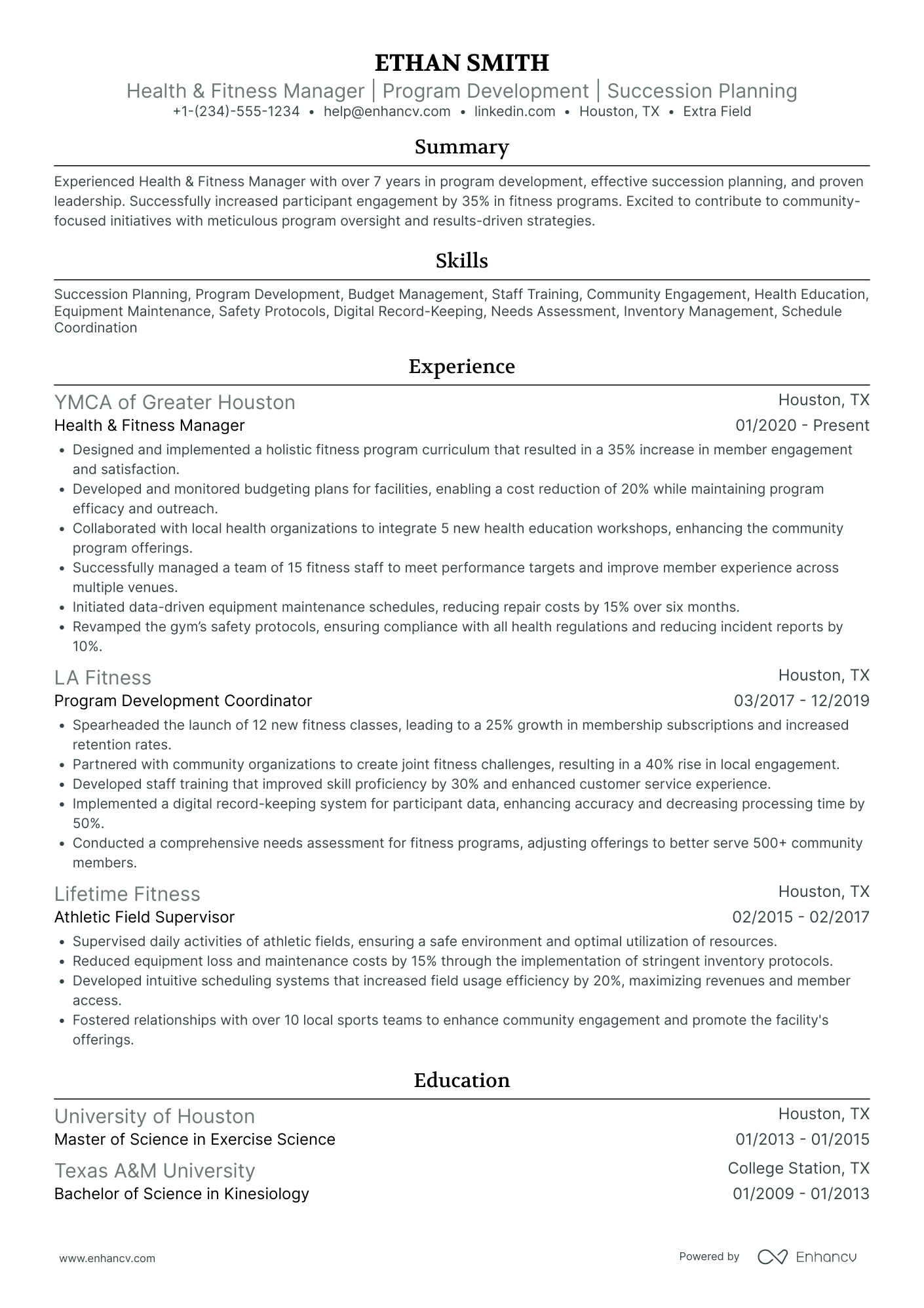 A resume example of a Corporate Fitness Manager