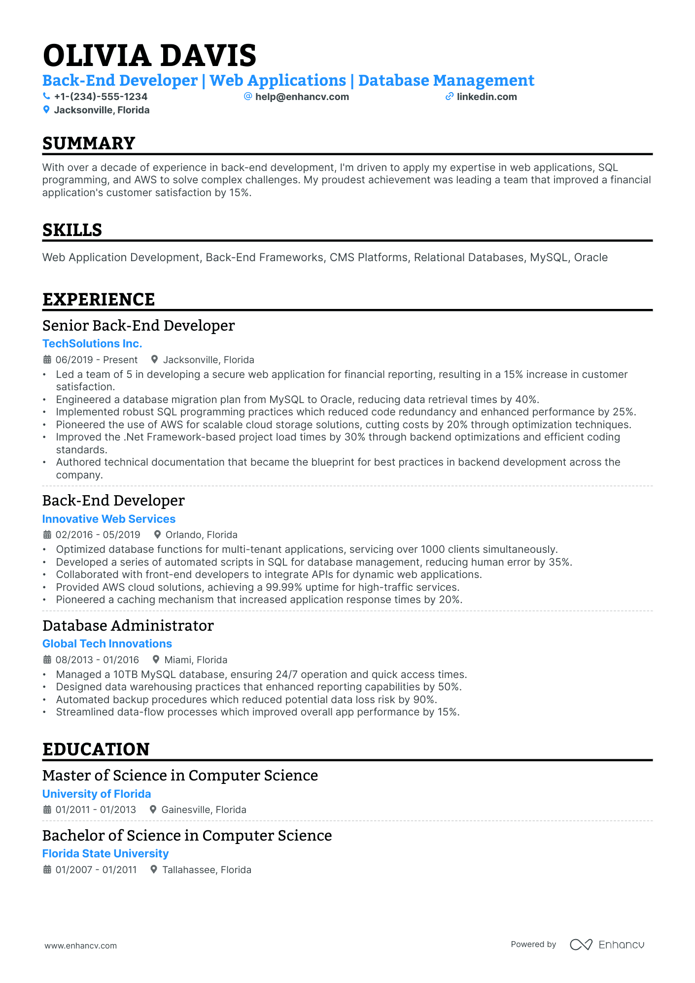 A resume example of a Single Column