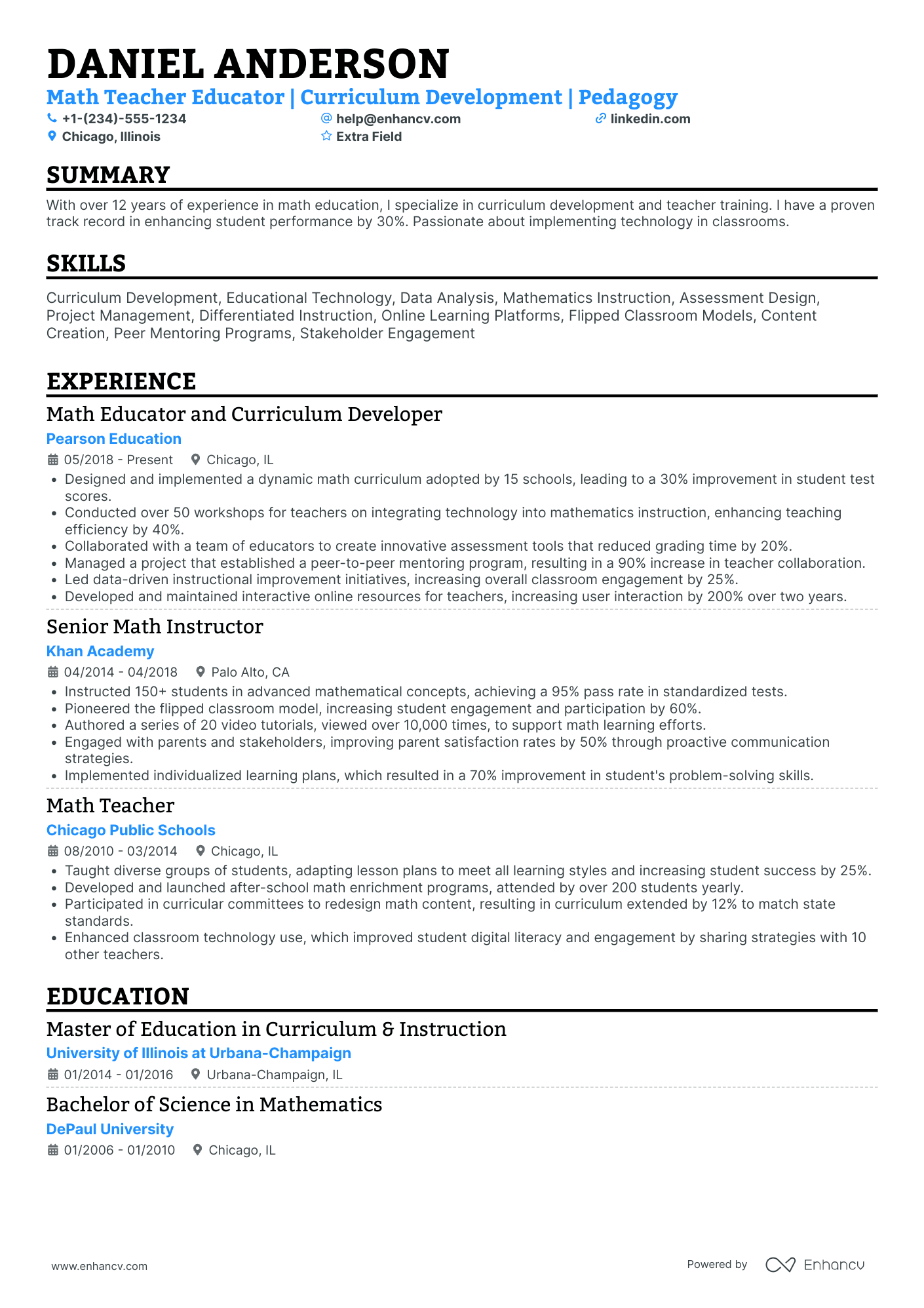 A resume example of a Math Teacher Educator