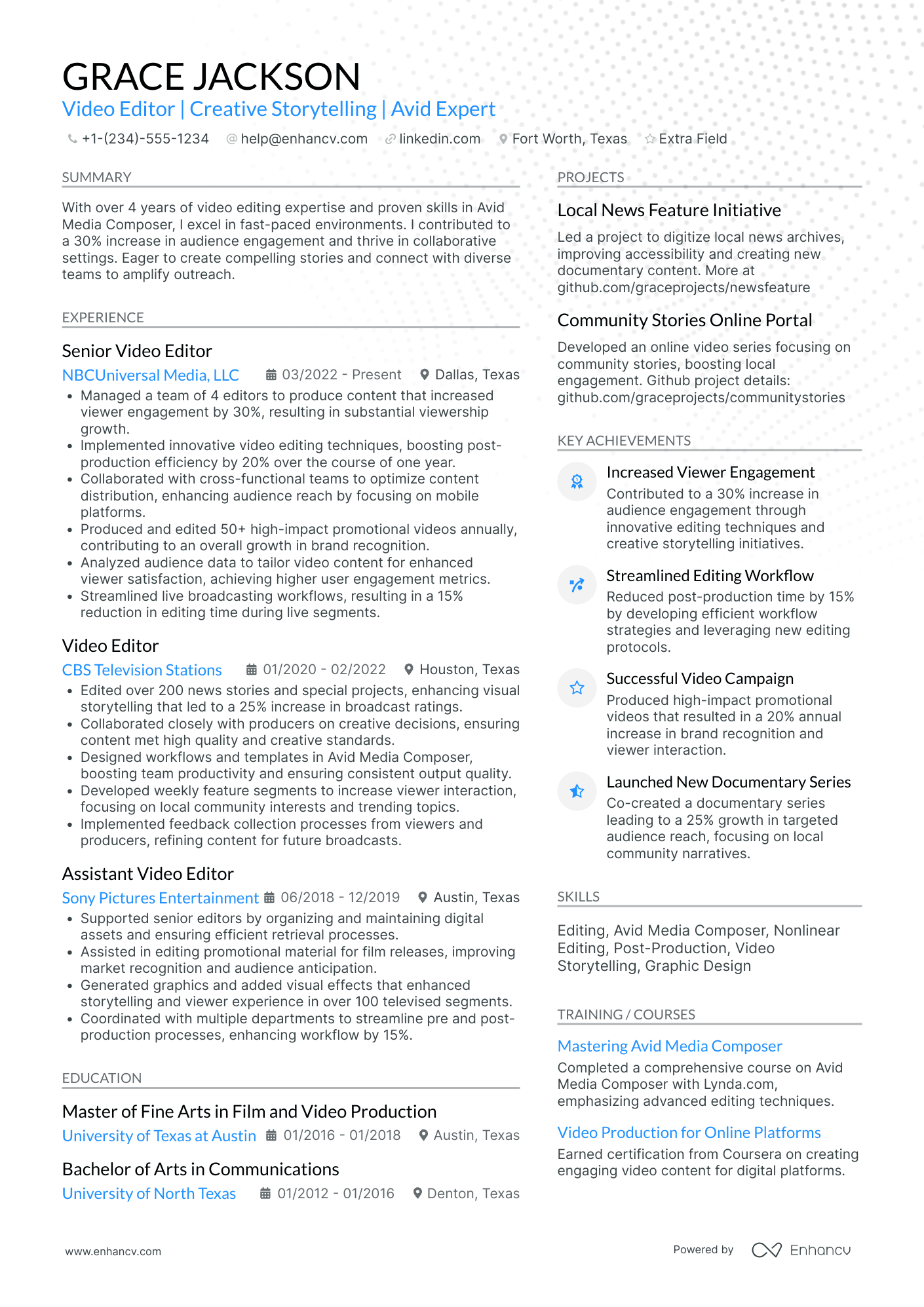 A resume example of a Facebook Video Editor