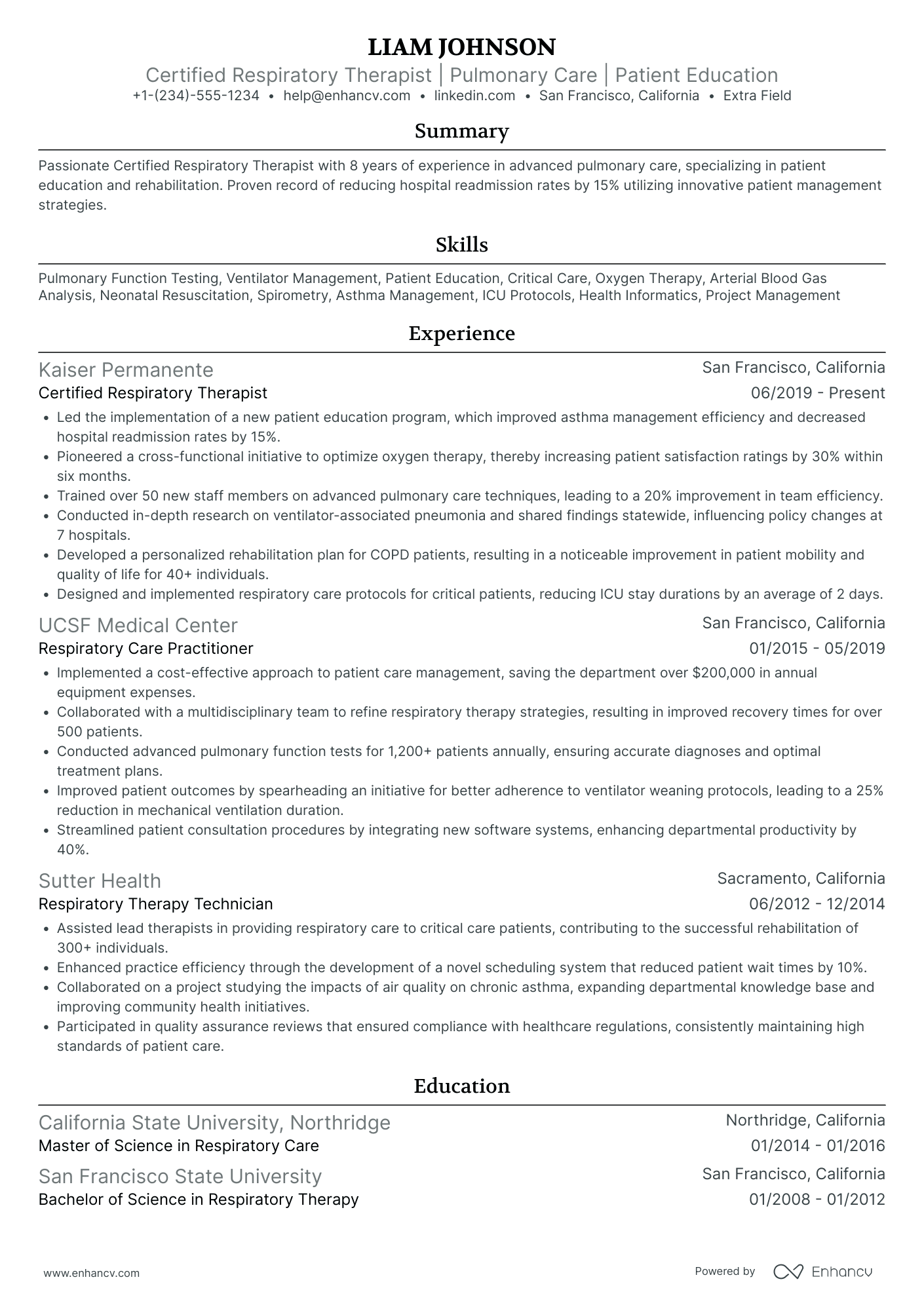 A resume example of a Certified Respiratory Therapist (CRT)