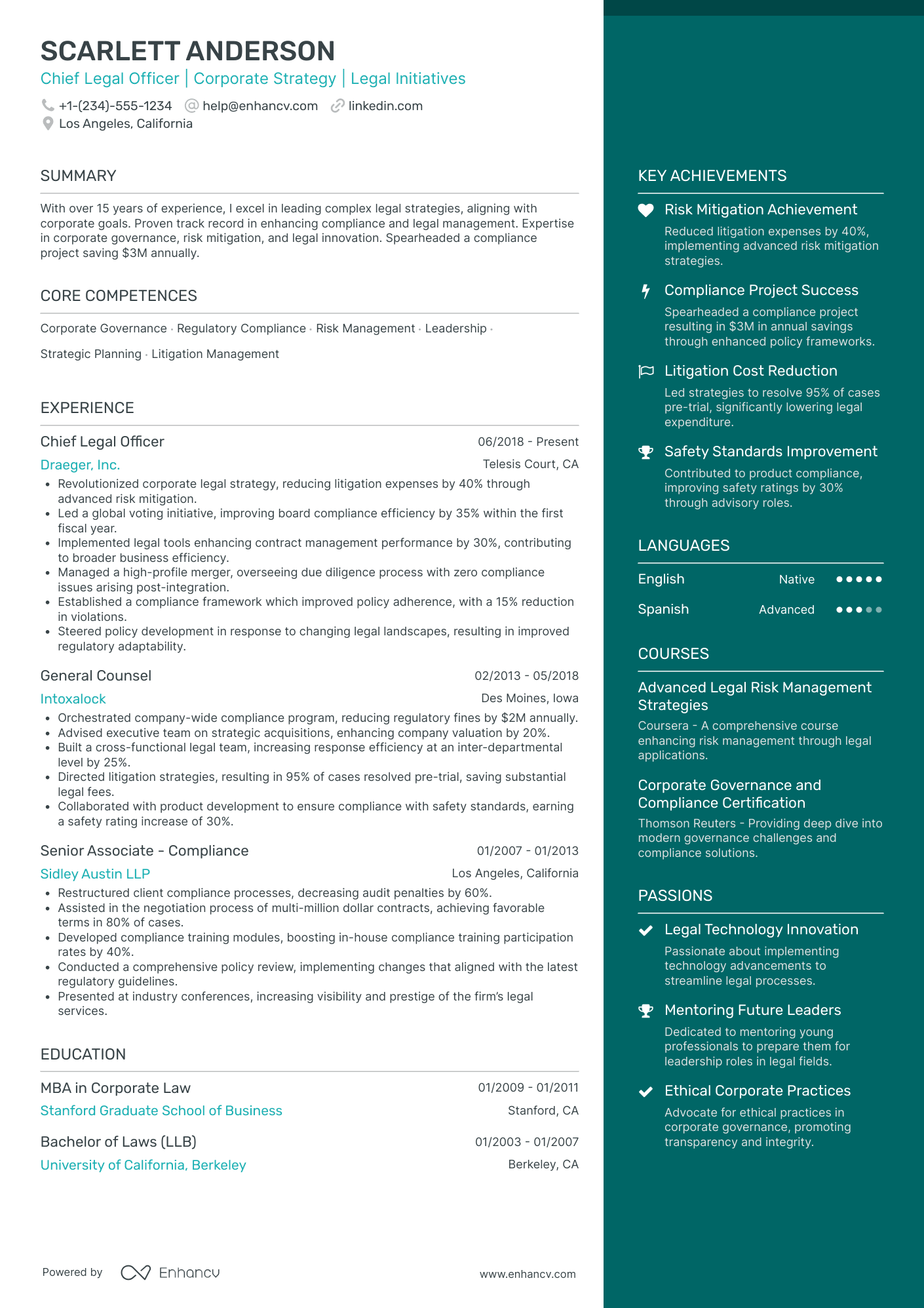 A resume example of a Global Chief Legal Officer
