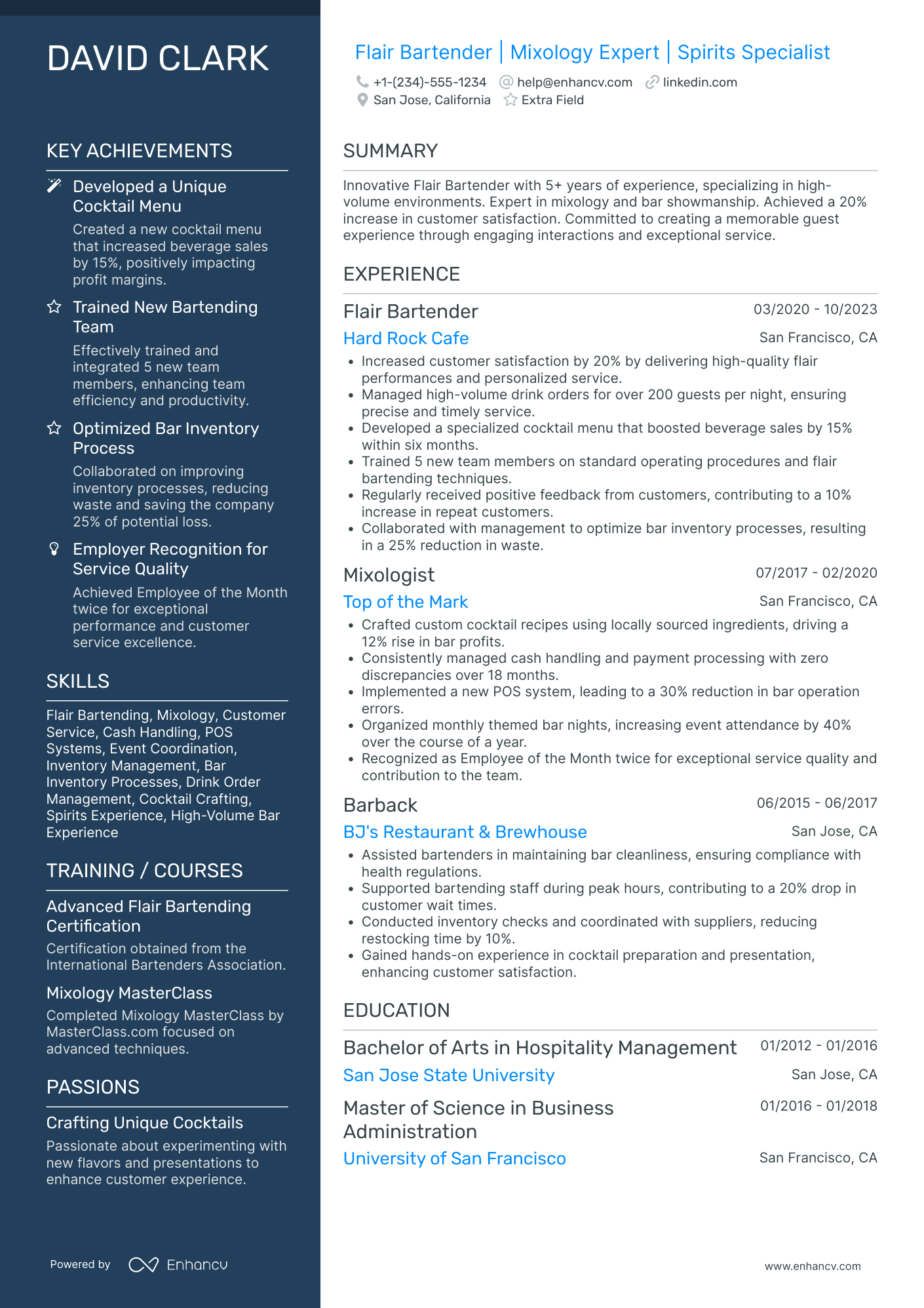 A resume example of a Flair Bartender