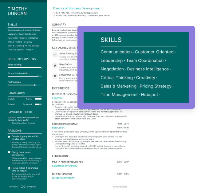 Resume sample showcasing skills, industry expertise, and professional experience for a Director of Business Development role.
