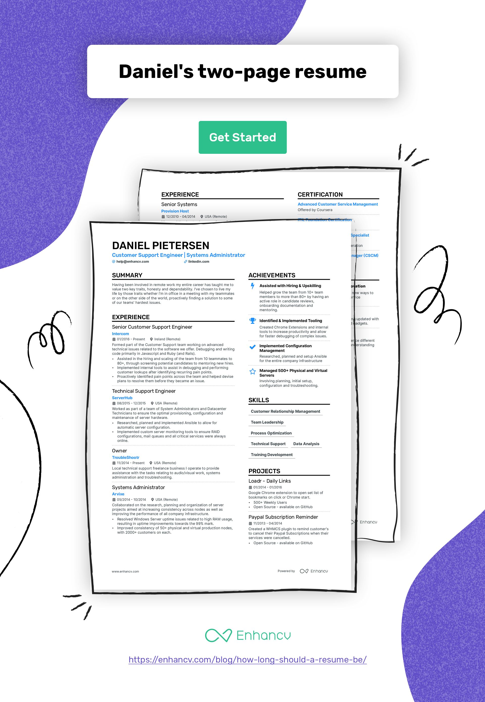 Illustration of a two page resume for Daniel Pietersen, showcasing experience, skills, and certifications for a technical support engineer and systems administrator.