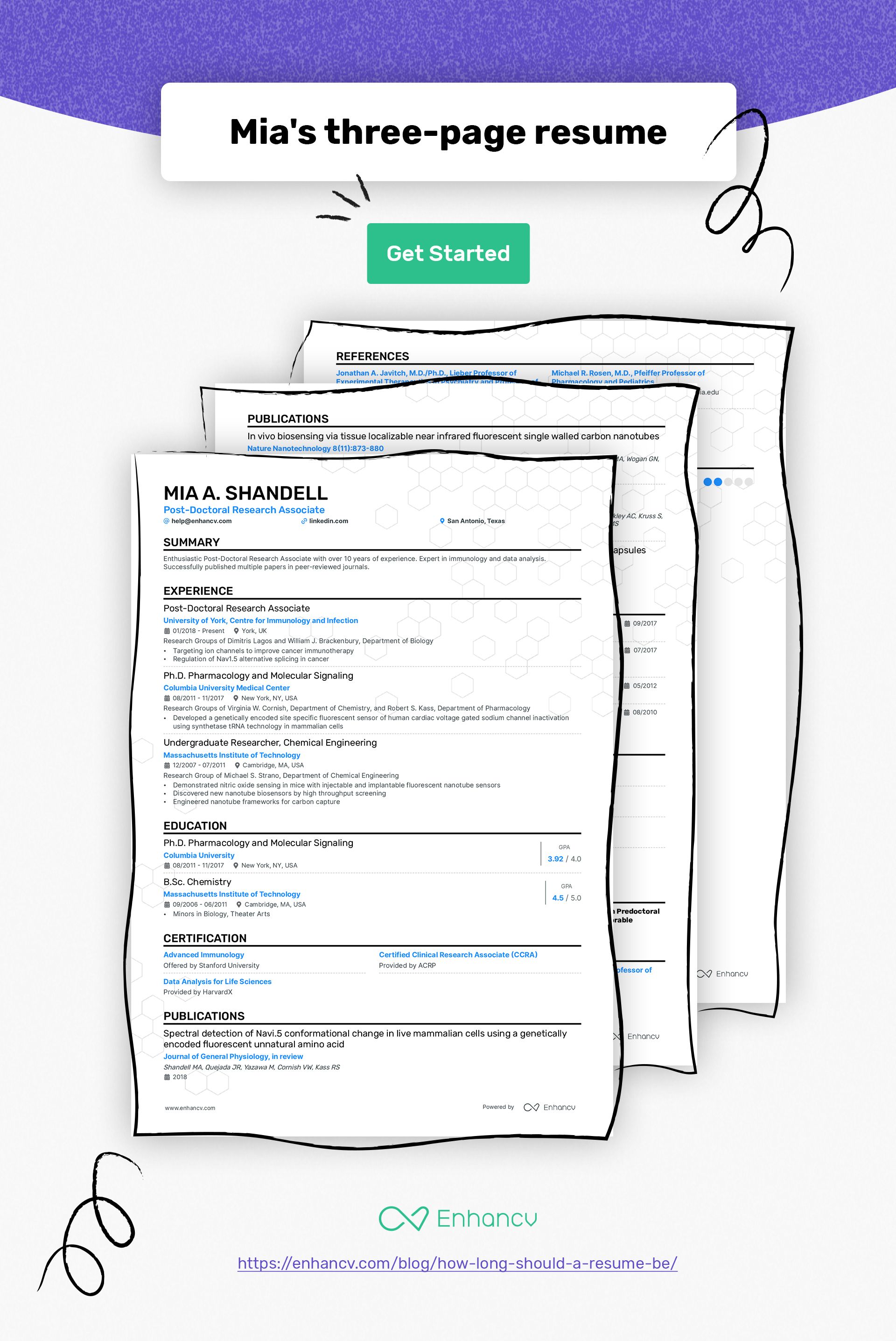 Illustration of a detailed three page resume showcasing experience, education, and publications.