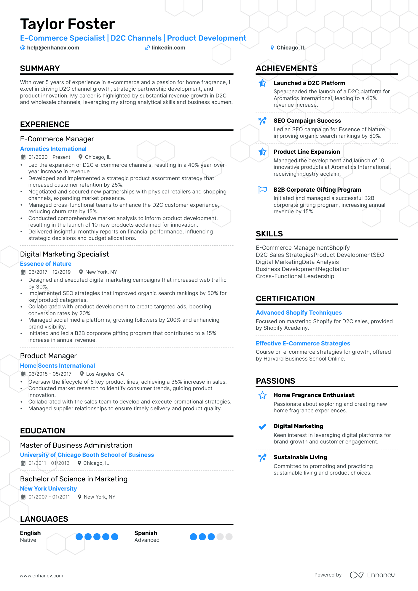 E Commerce Specialist | D2C Channels | Product Development resume example
