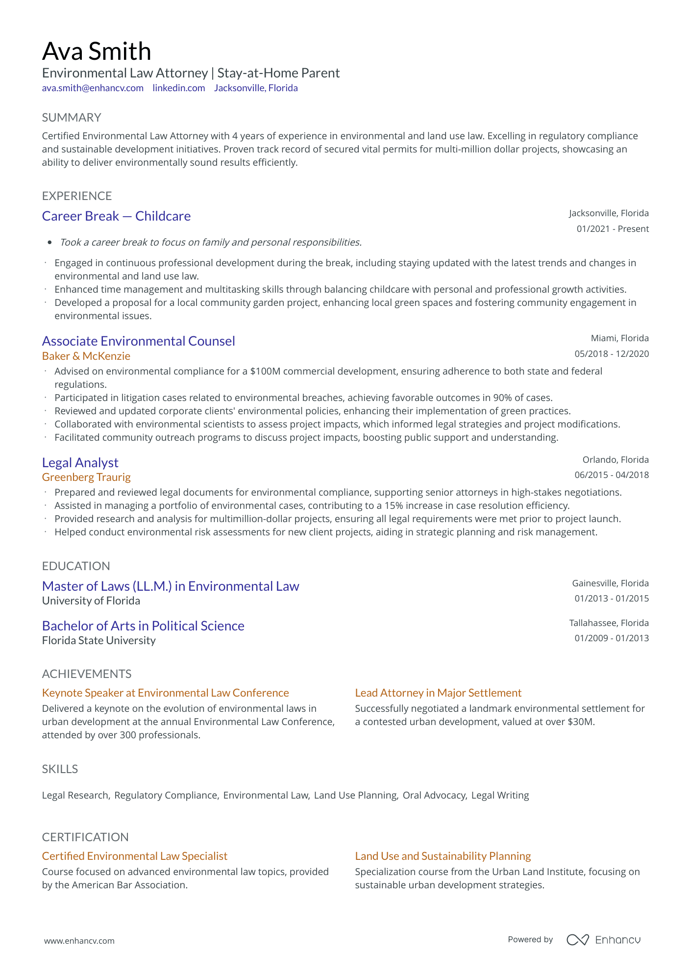 Environmental Law Attorney | Stay at Home Parent resume example