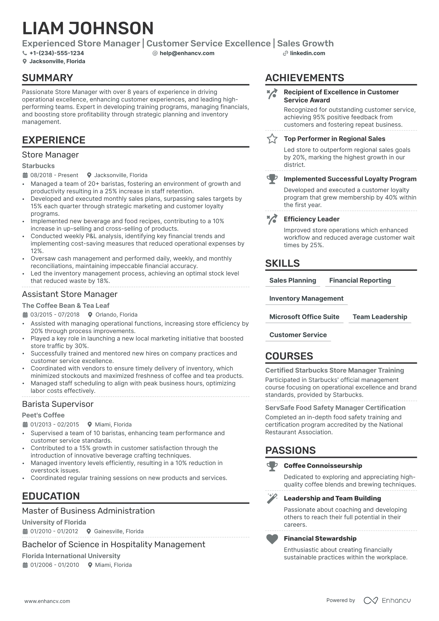 Starbucks Store Manager Resume Example