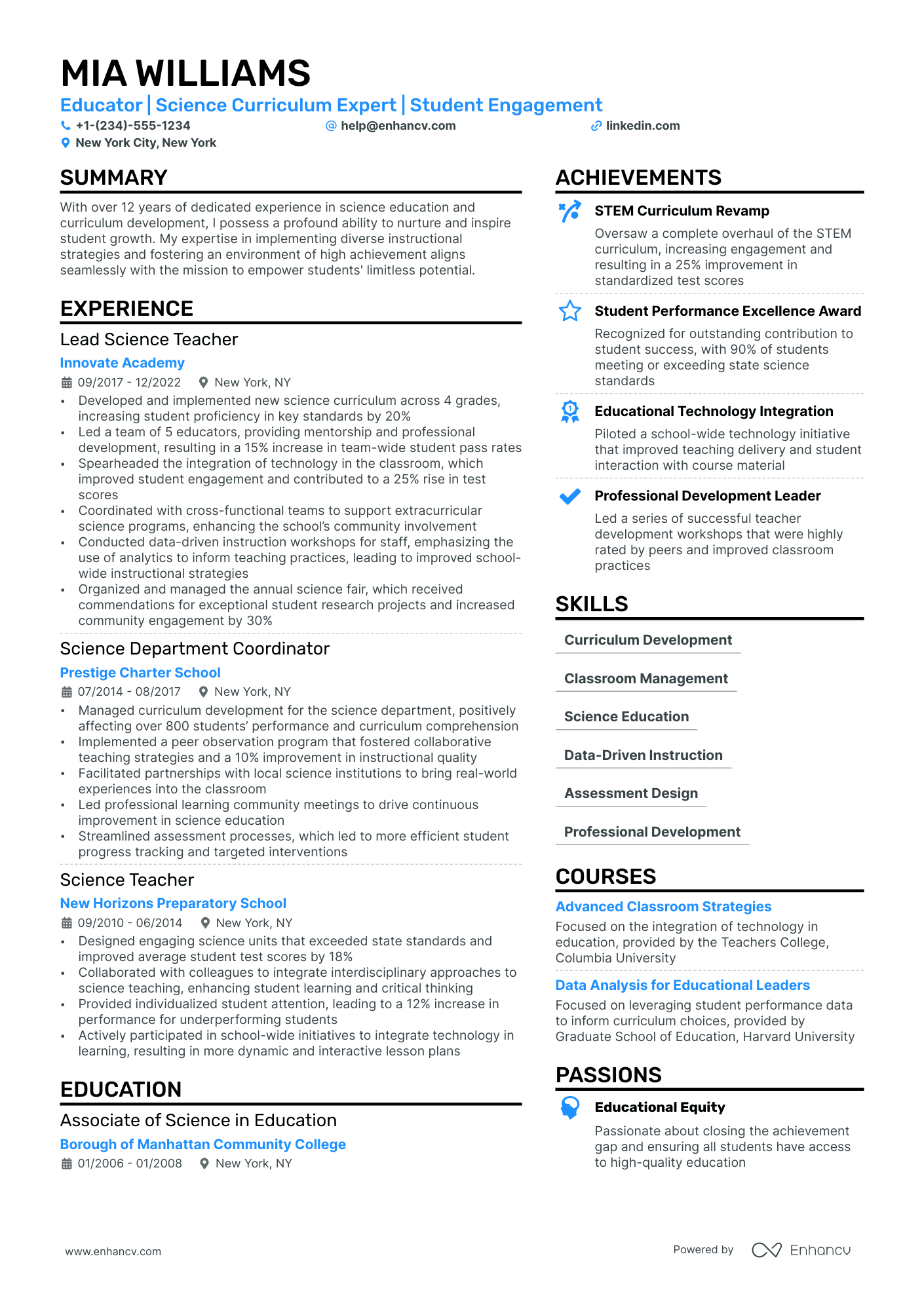 High School Science Teacher Resume Example