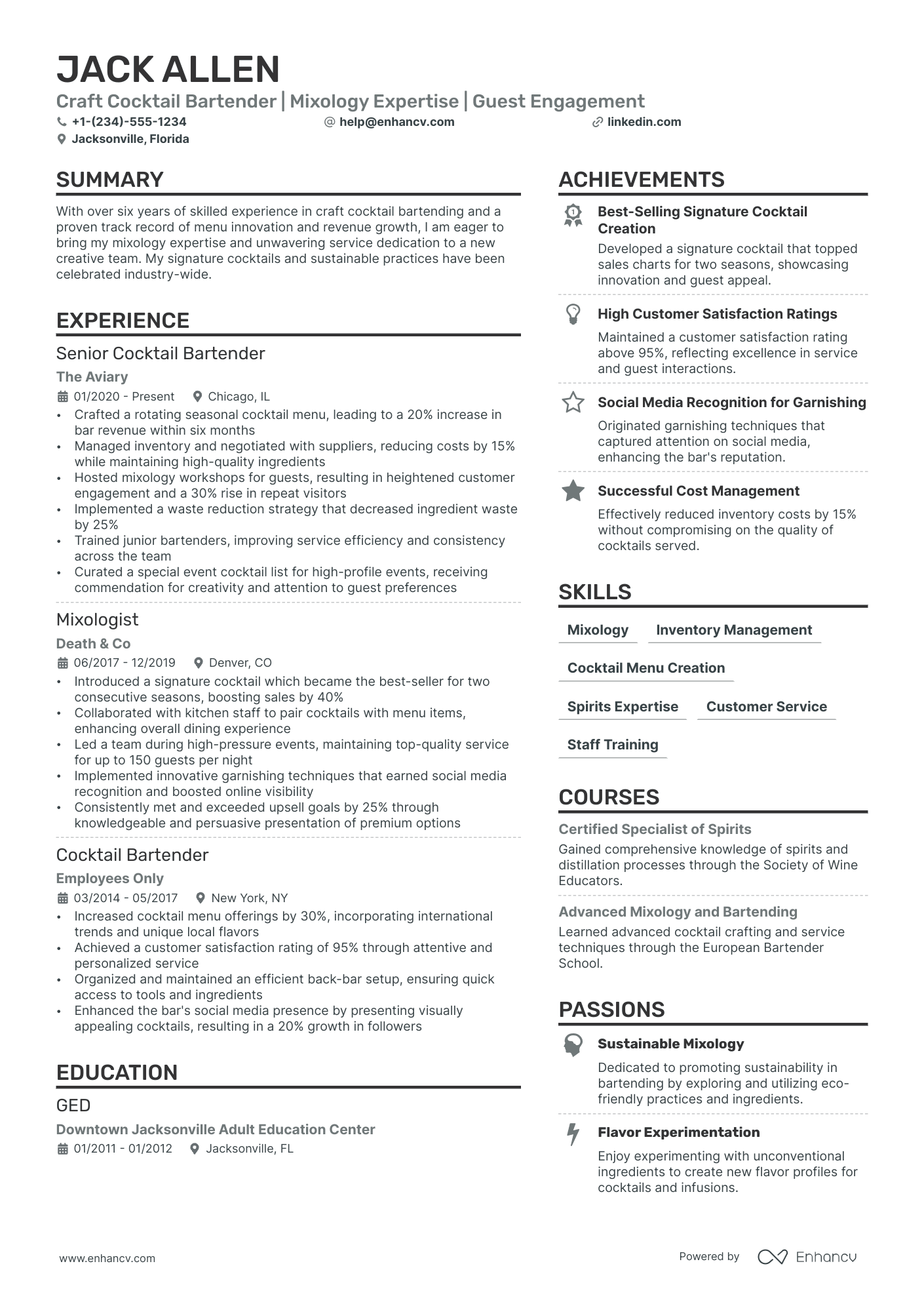 Cocktail Bartender Resume Example