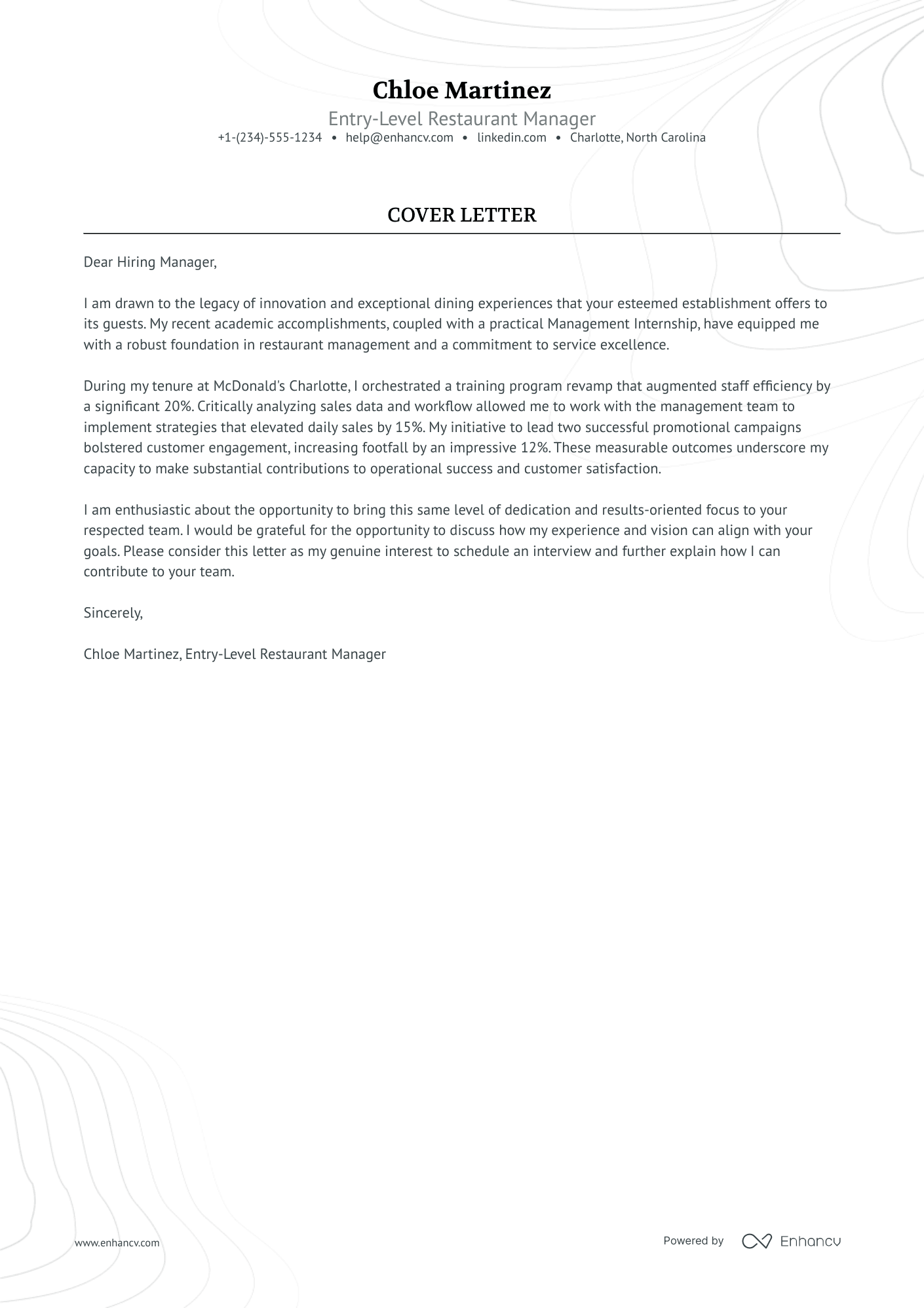 Entry Level Restaurant Manager Resume Example