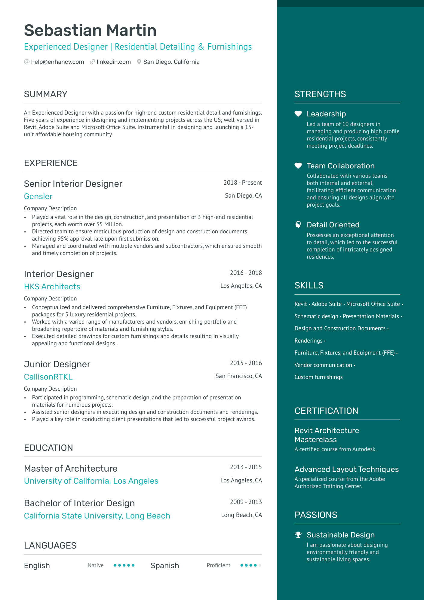Senior Interior Design Resume Example
