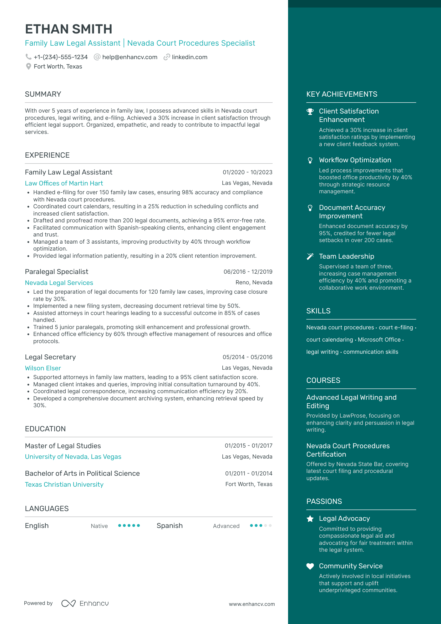 Family Law Legal Assistant Resume Example