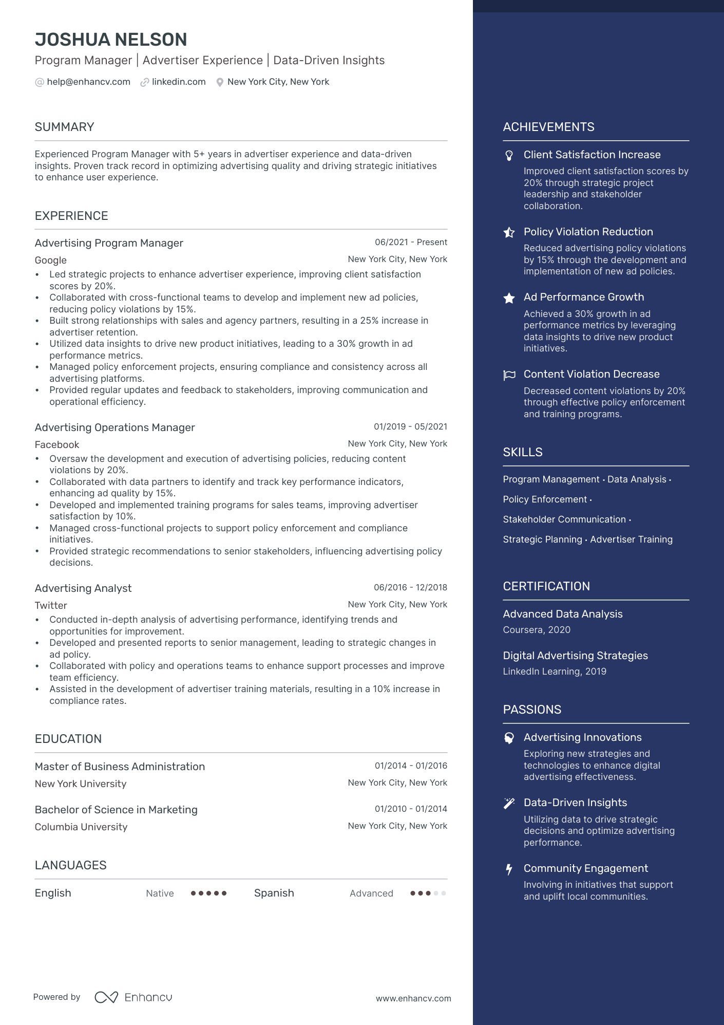 Advertising Program Manager Resume Example
