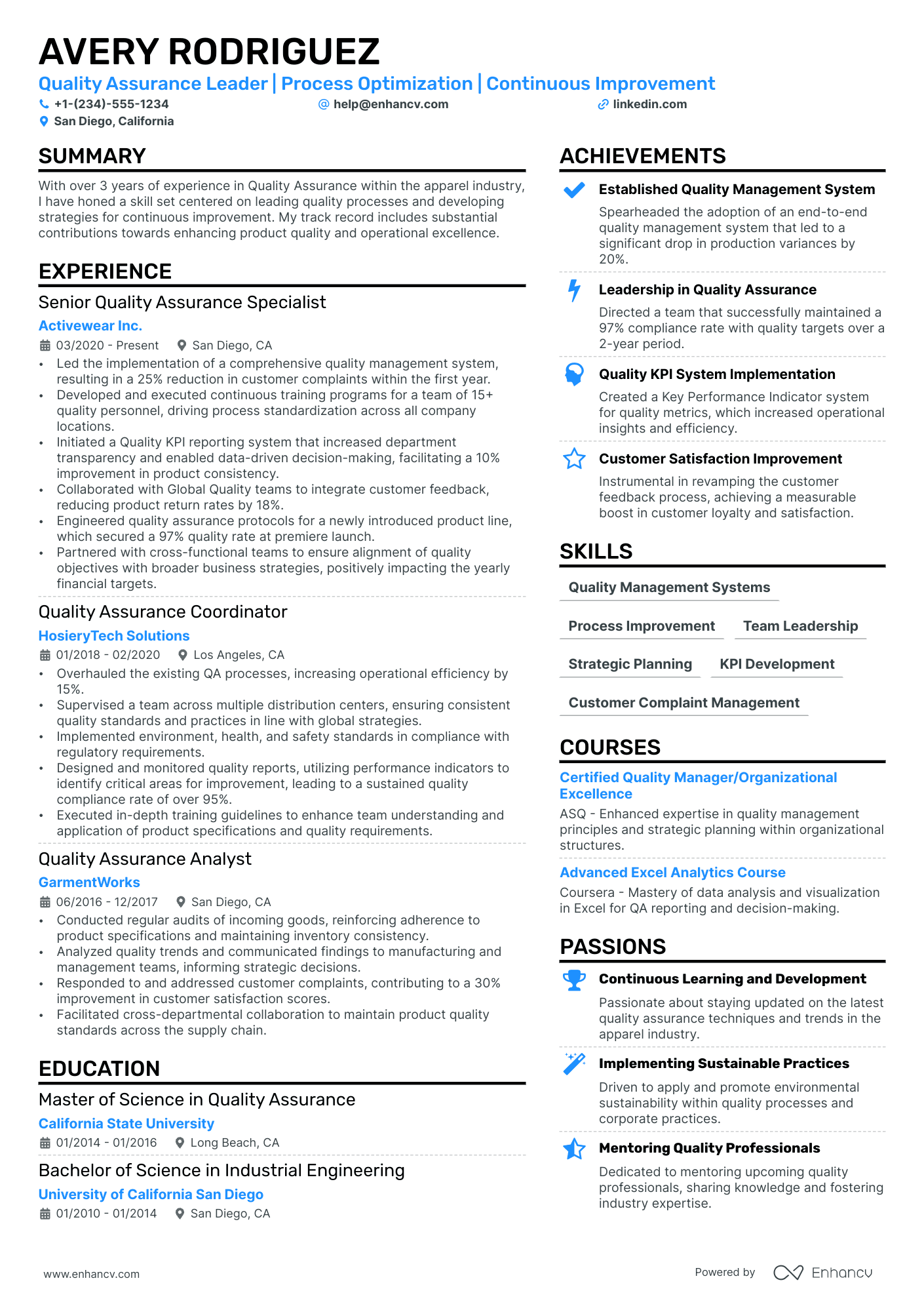 Quality Supervisor Resume Example