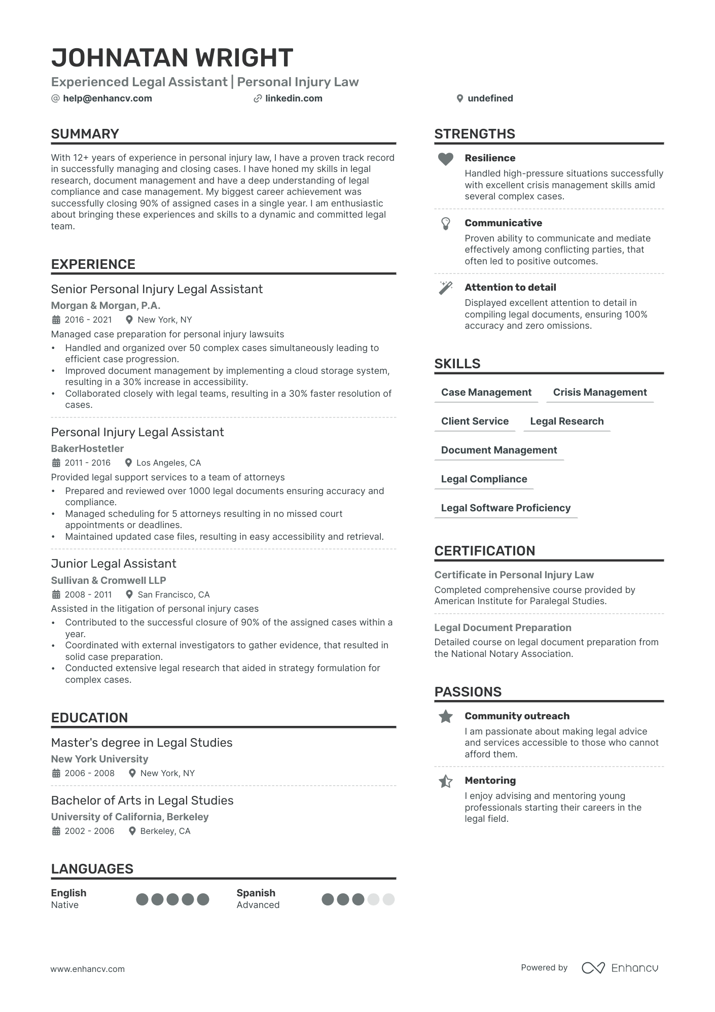 Personal Injury Legal Assistant Resume Example