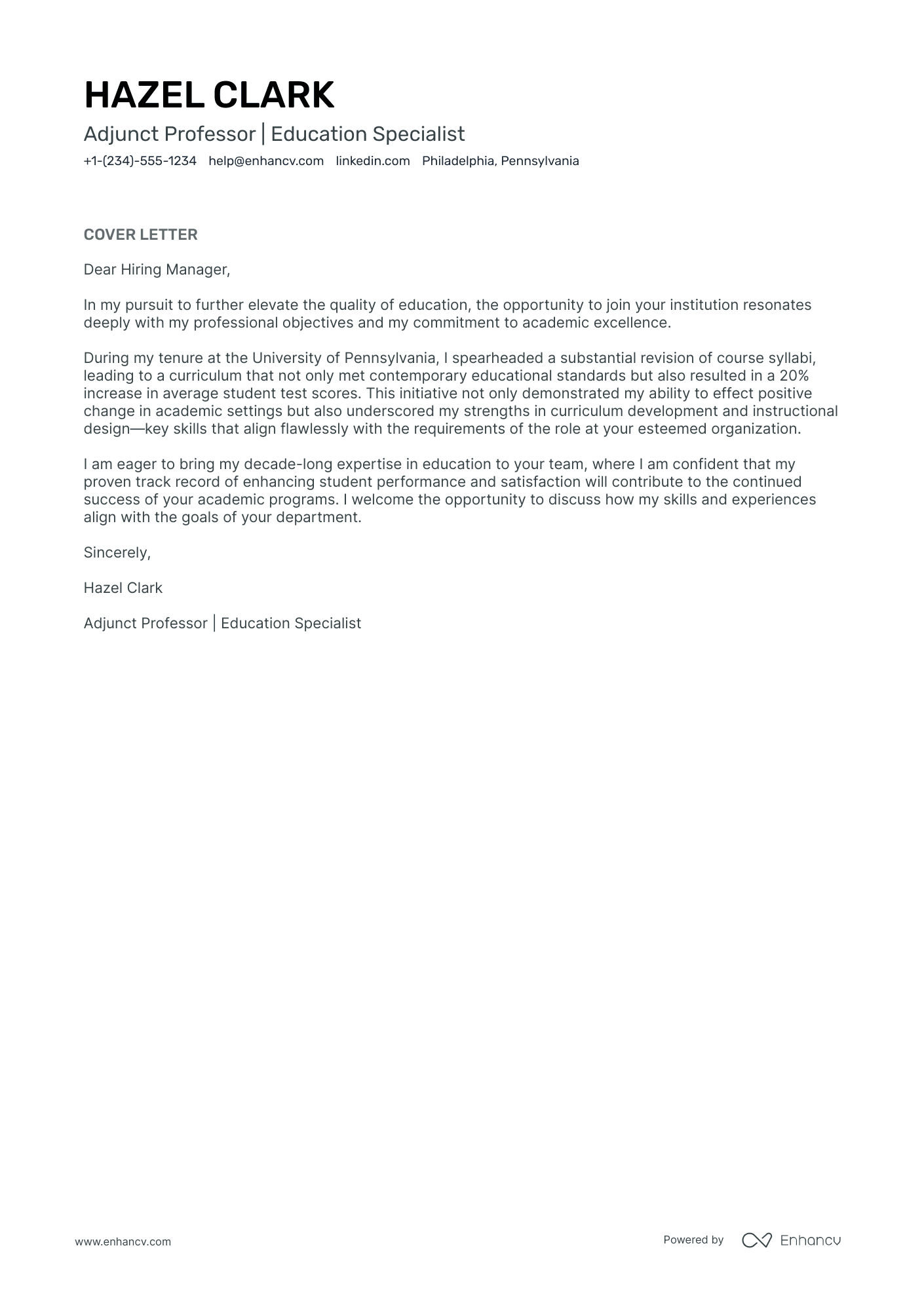 Adjunct Professor Resume Example