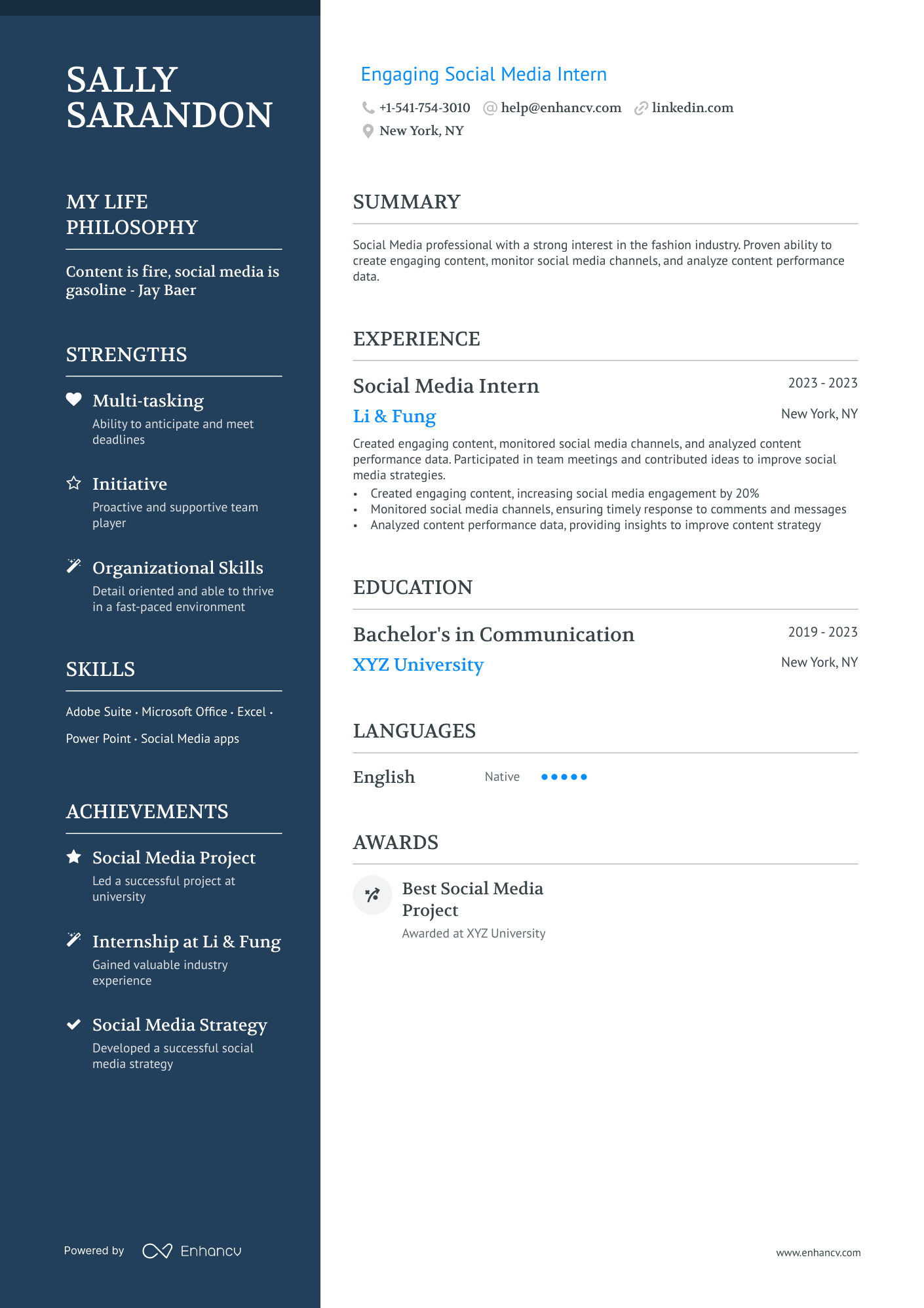Social Media Intern Resume Example