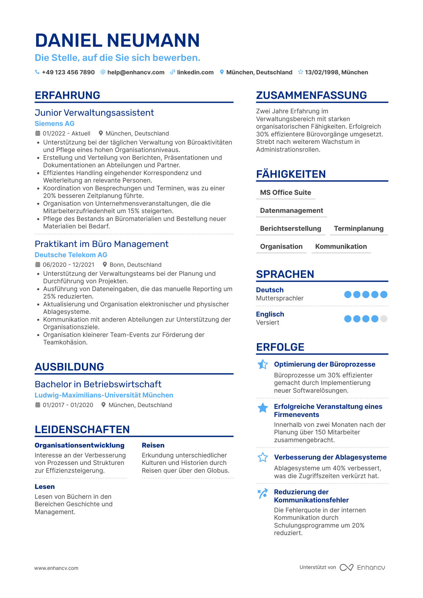 Lebenslauf als Junior Verwaltungsassistent