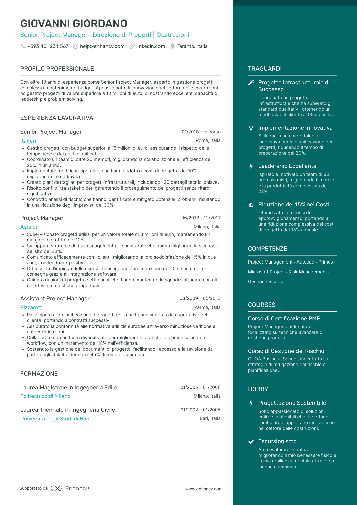 Curriculum di Project Manager Senior