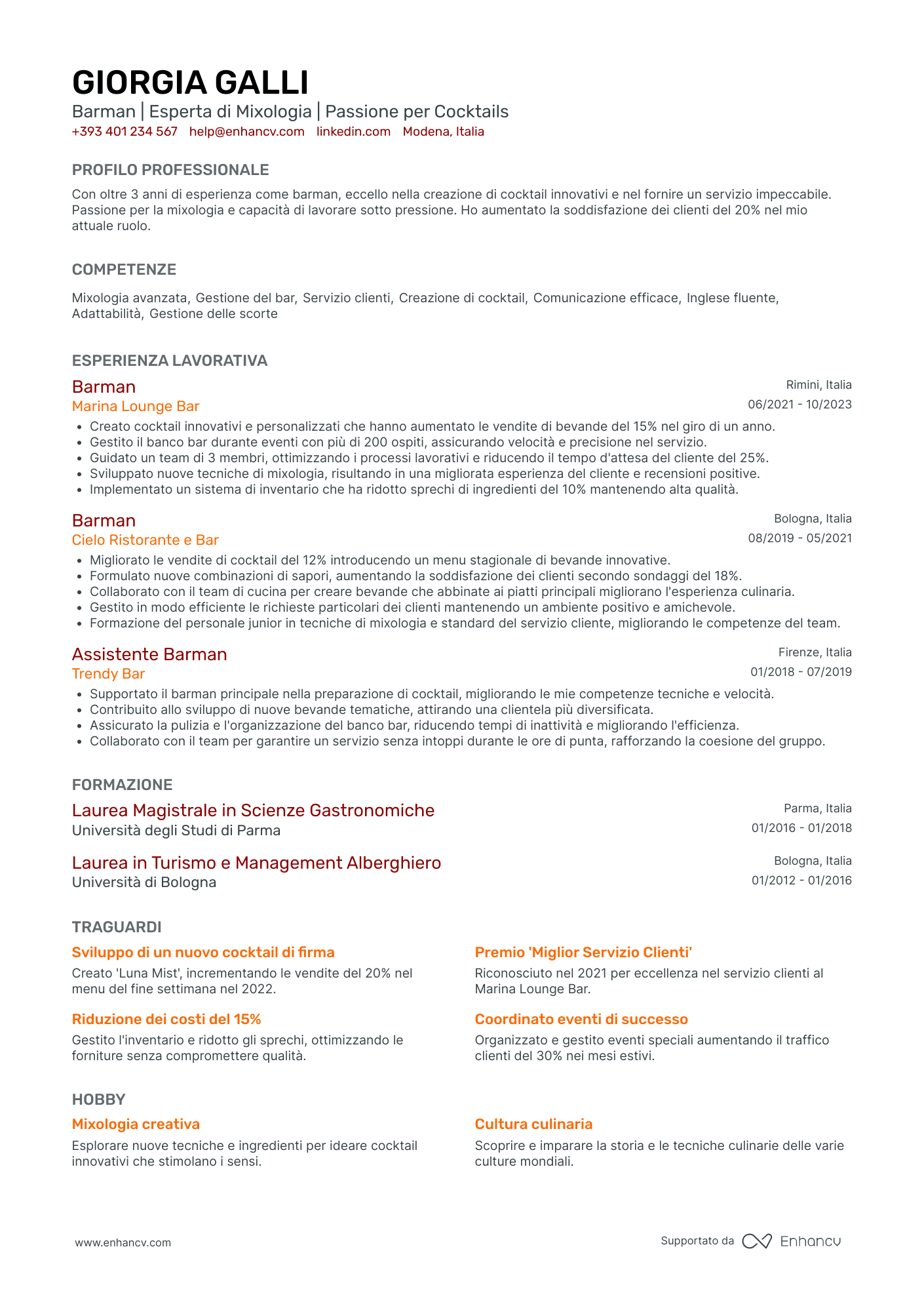Curriculum di Barista di Ristorante